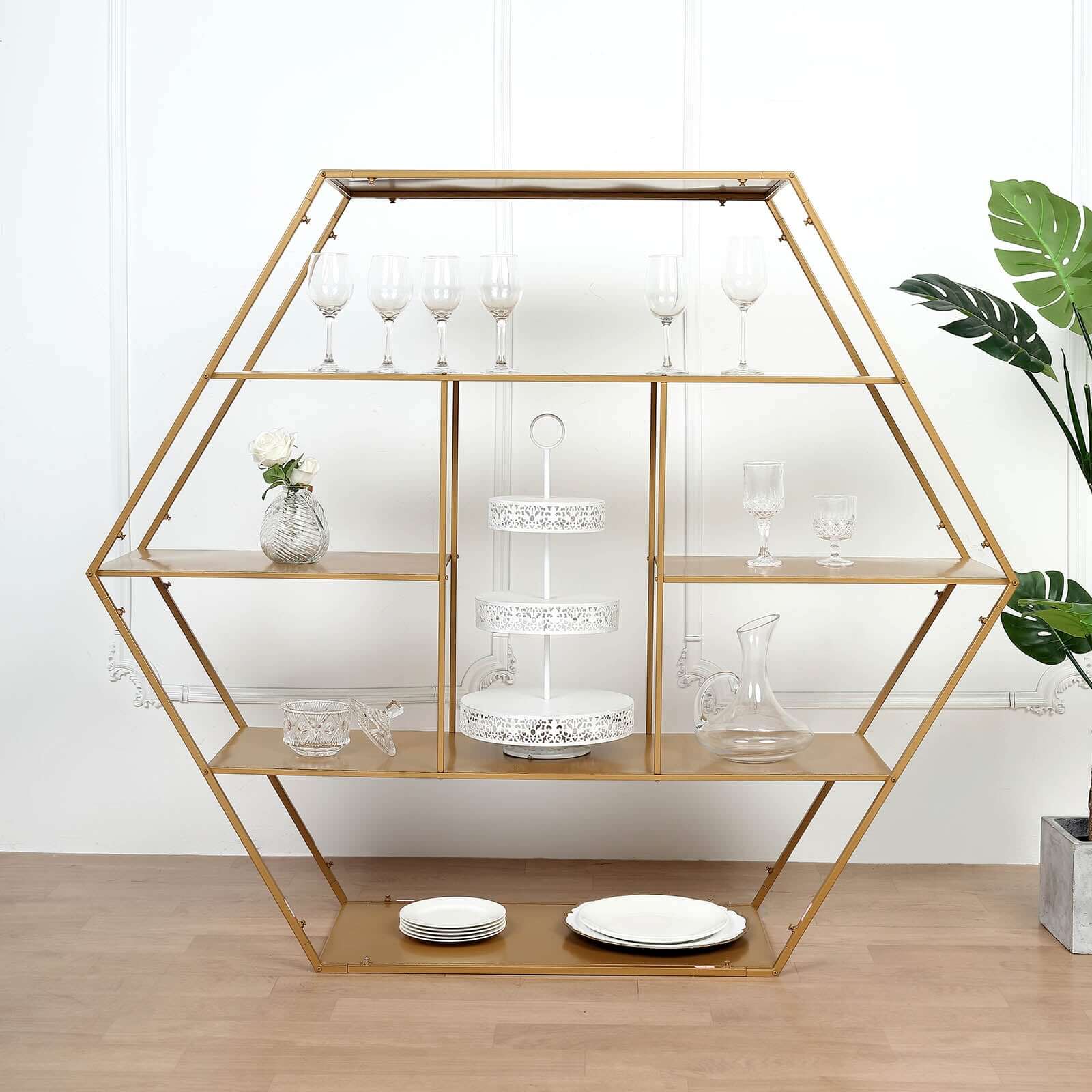 Metal Hexagonal Cake Dessert Display Stand Gold - Large Multi Functional Modern Bookcase Party Backdrop for Balloons Floral Installations & Event Decor 4ft