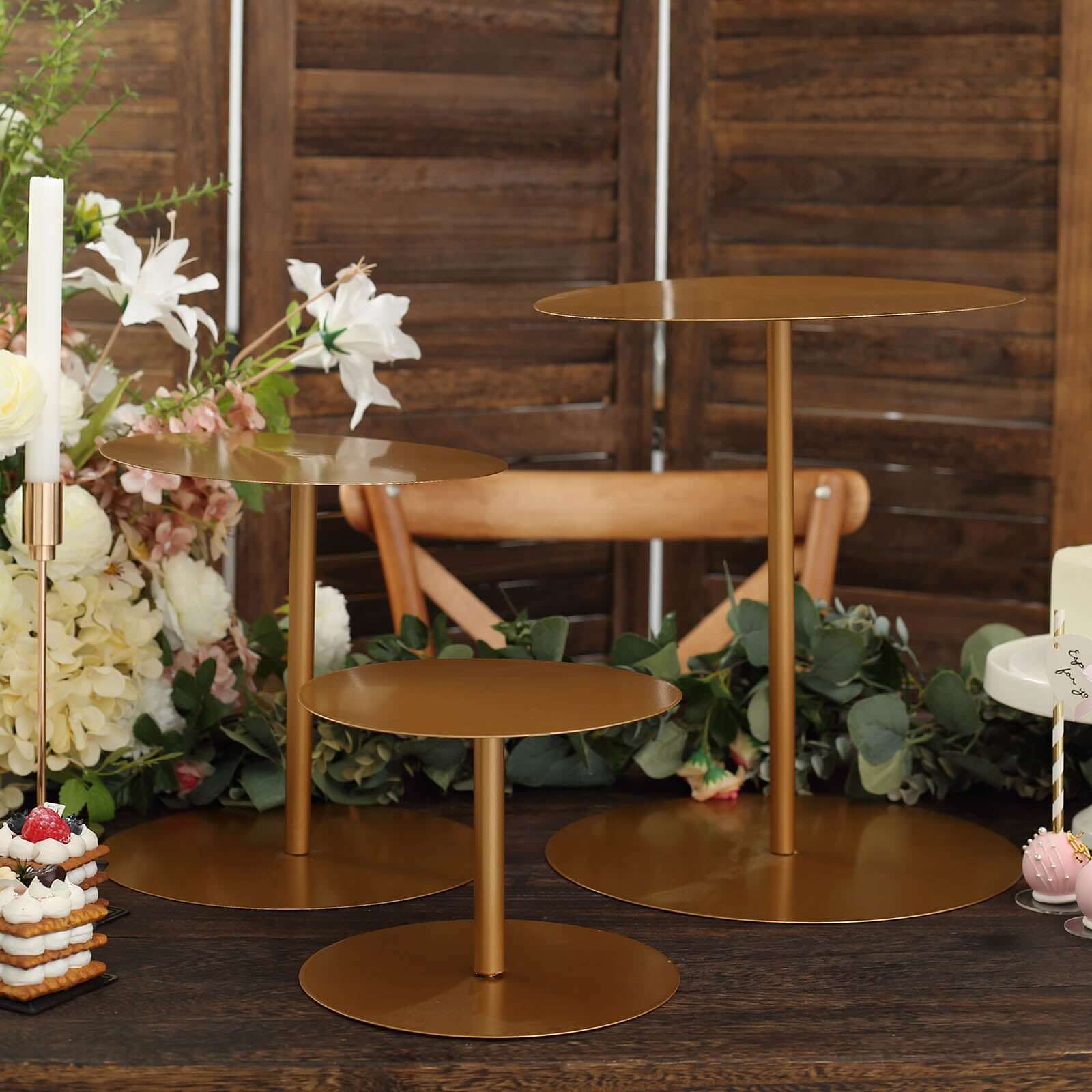 Set of 3 Metal Pedestal Cake Stands Heavy Duty Round Design Gold - Cupcake Dessert Display Props 8", 10", 12"