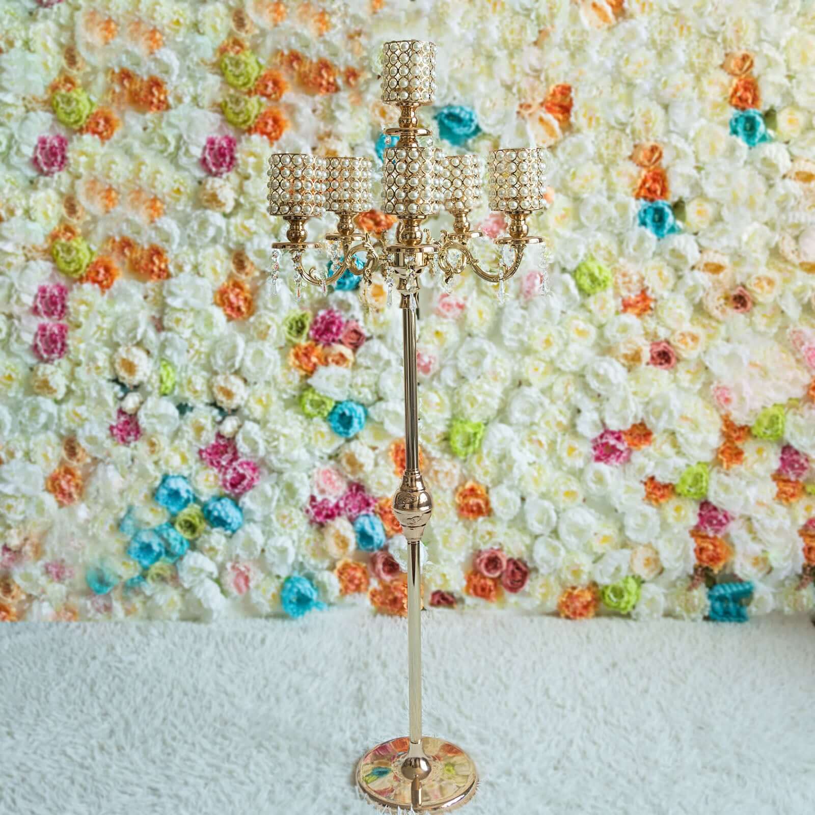 Metal Pearl Beaded Candelabra in Gold 6-Arm - Stylish Table Centerpiece with Crystal Chandelier Pendants