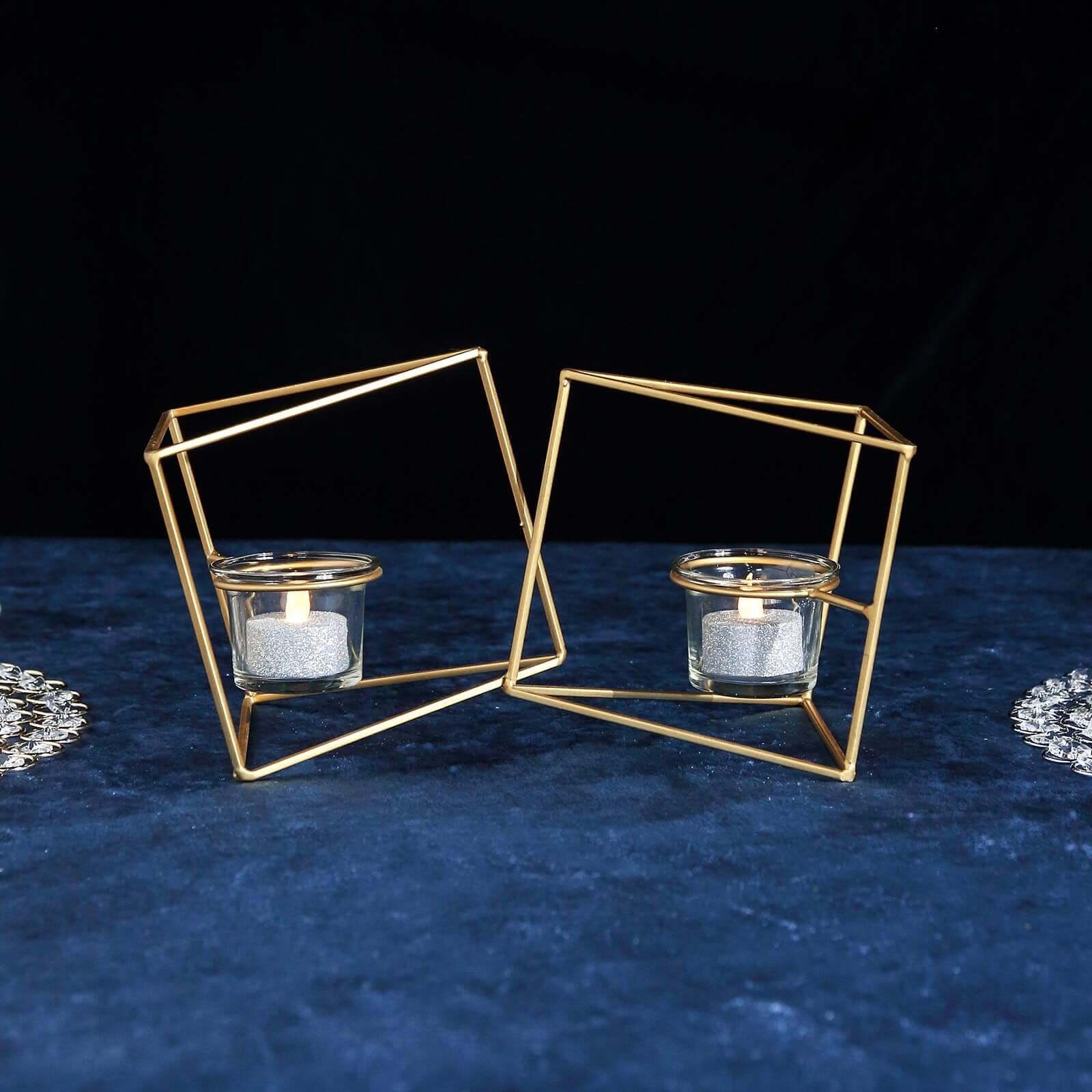 Set of Metal Candle Holders Linked Geometric Design Gold - Chic Votive Glass Decor for Events & Gatherings 9"