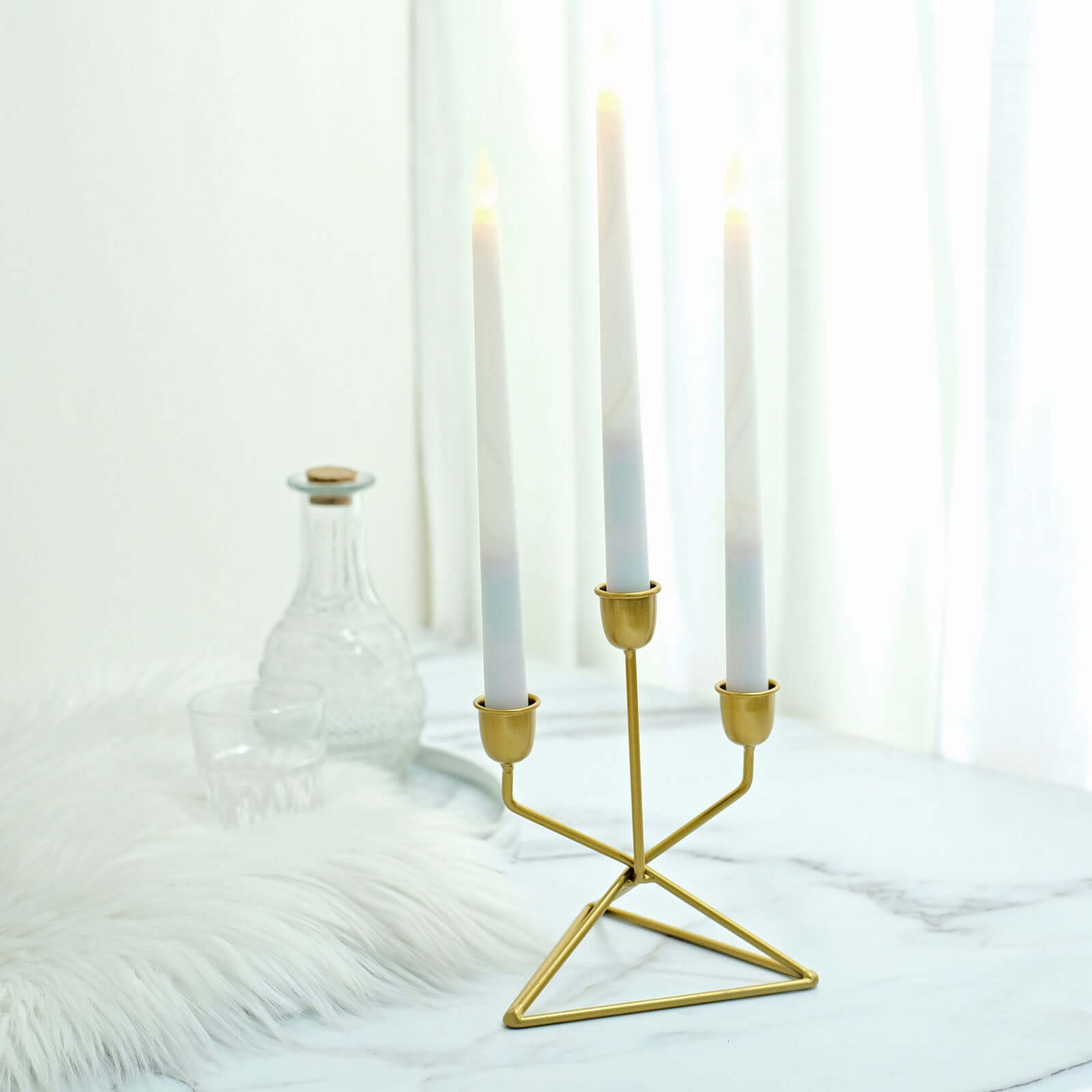 2-Pack Triangle Base Geometric Taper Candelabra 3 Arm Candle Holder Design Gold Metal - Decorative Centerpiece 7"