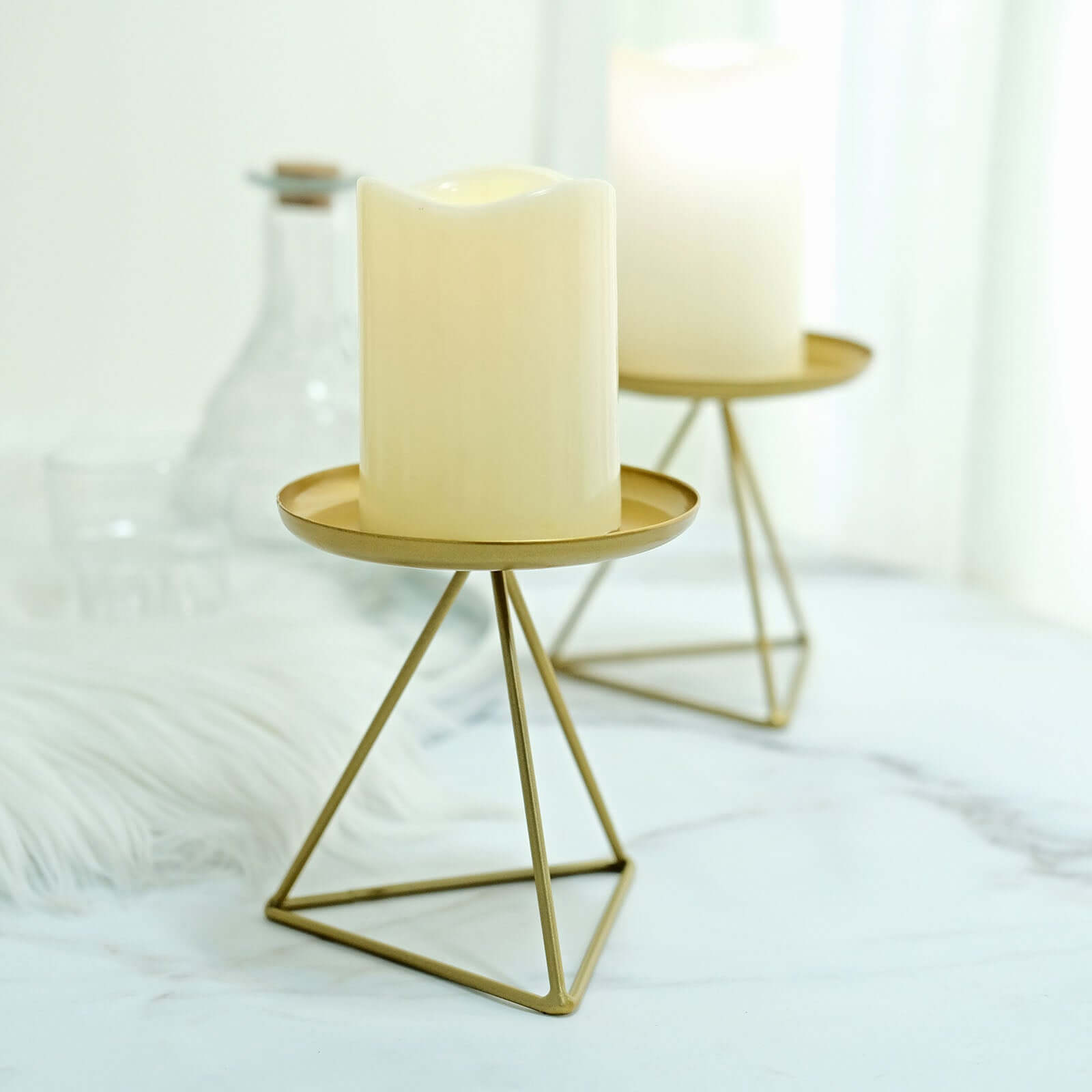 2-Pack Pillar Candle Holders Gold Metal Geometric Triangle Base Design - Decorative Centerpiece 5"