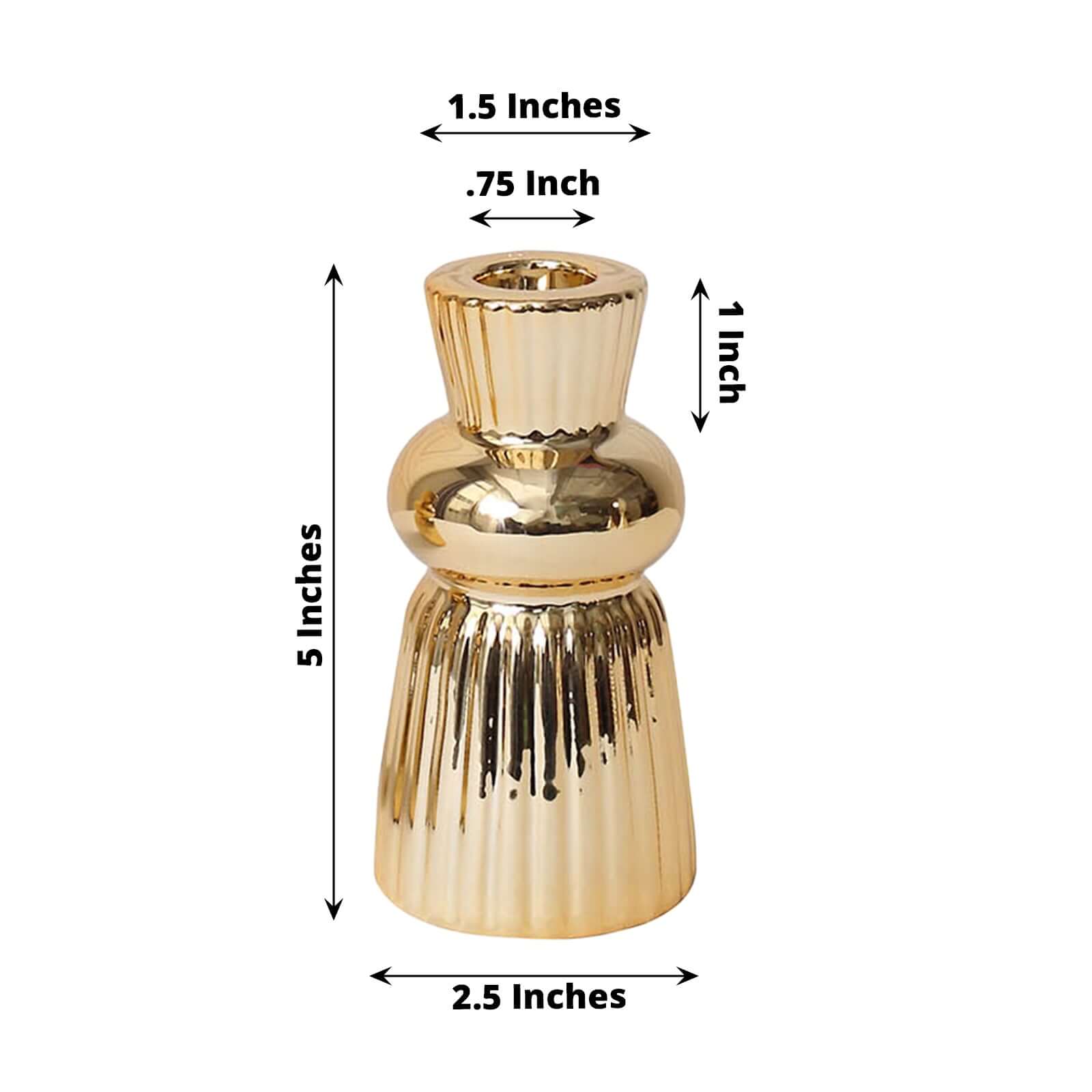 3-Pack Ceramic Taper Candle Holders Fluted Ball Neck Design Metallic Gold - Ribbed Candlestick Stands 5"