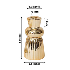 3-Pack Ceramic Taper Candle Holders Fluted Ball Neck Design Metallic Gold - Ribbed Candlestick Stands 5"