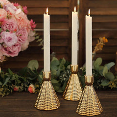 3-Pack Ceramic Taper Candle Holders Ribbed Cone Shaped Design Metallic Gold - Candlestick Stands for Decor 5"