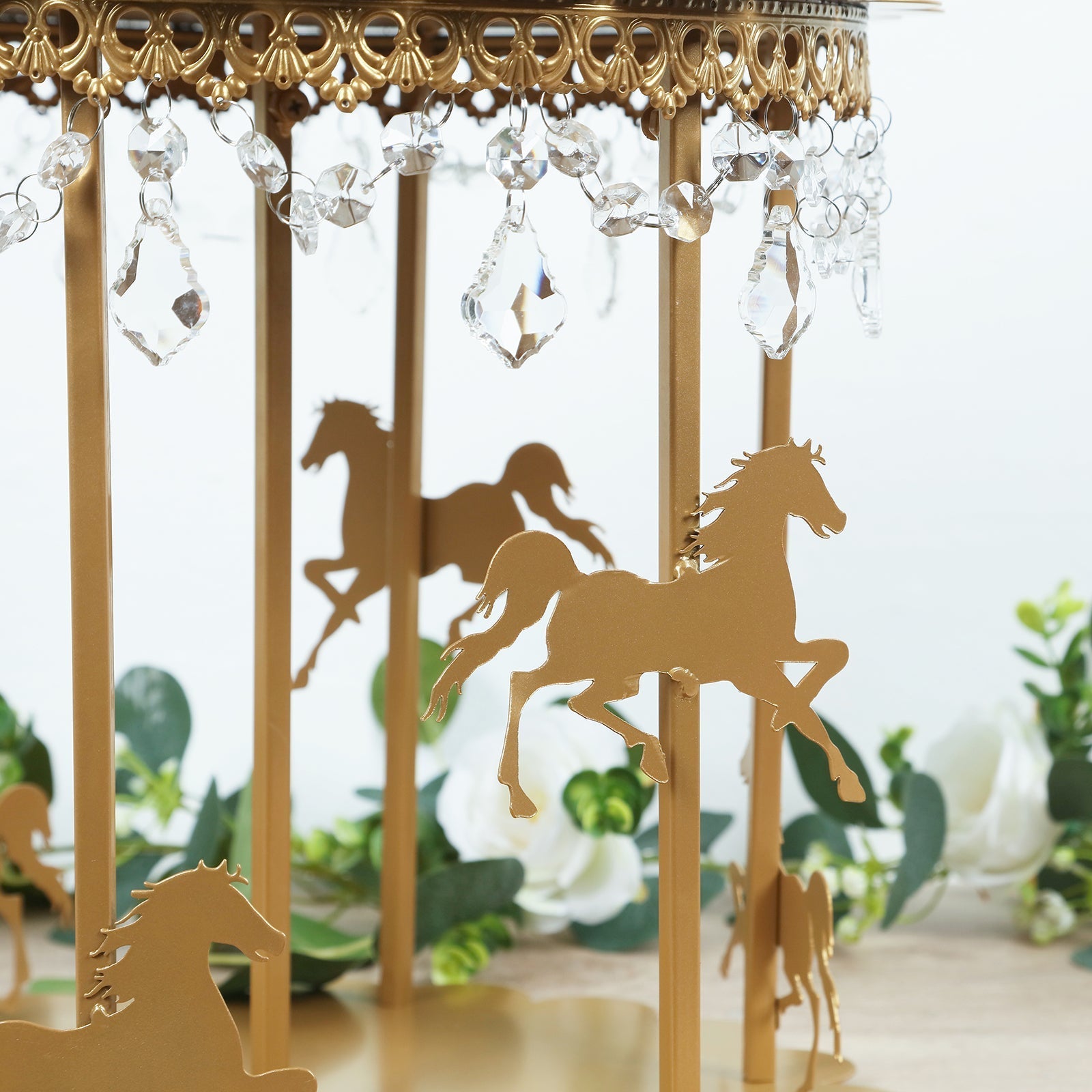 Metal Round Pedestal Cake Stand Gold Carousel Design with Hanging Acrylic Beads - Luxurious Dessert Display Centerpiece Holder for Cupcakes & Pastries 14"