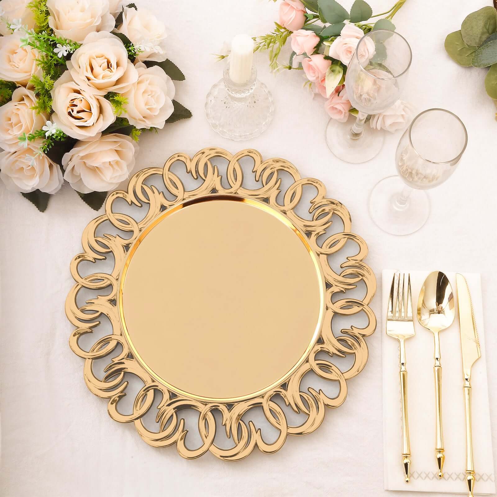 6-Pack Plastic Round Charger Plates 13" in Gold with Entwined Swirl Rim, Plastic Disposable Decorative Chargers