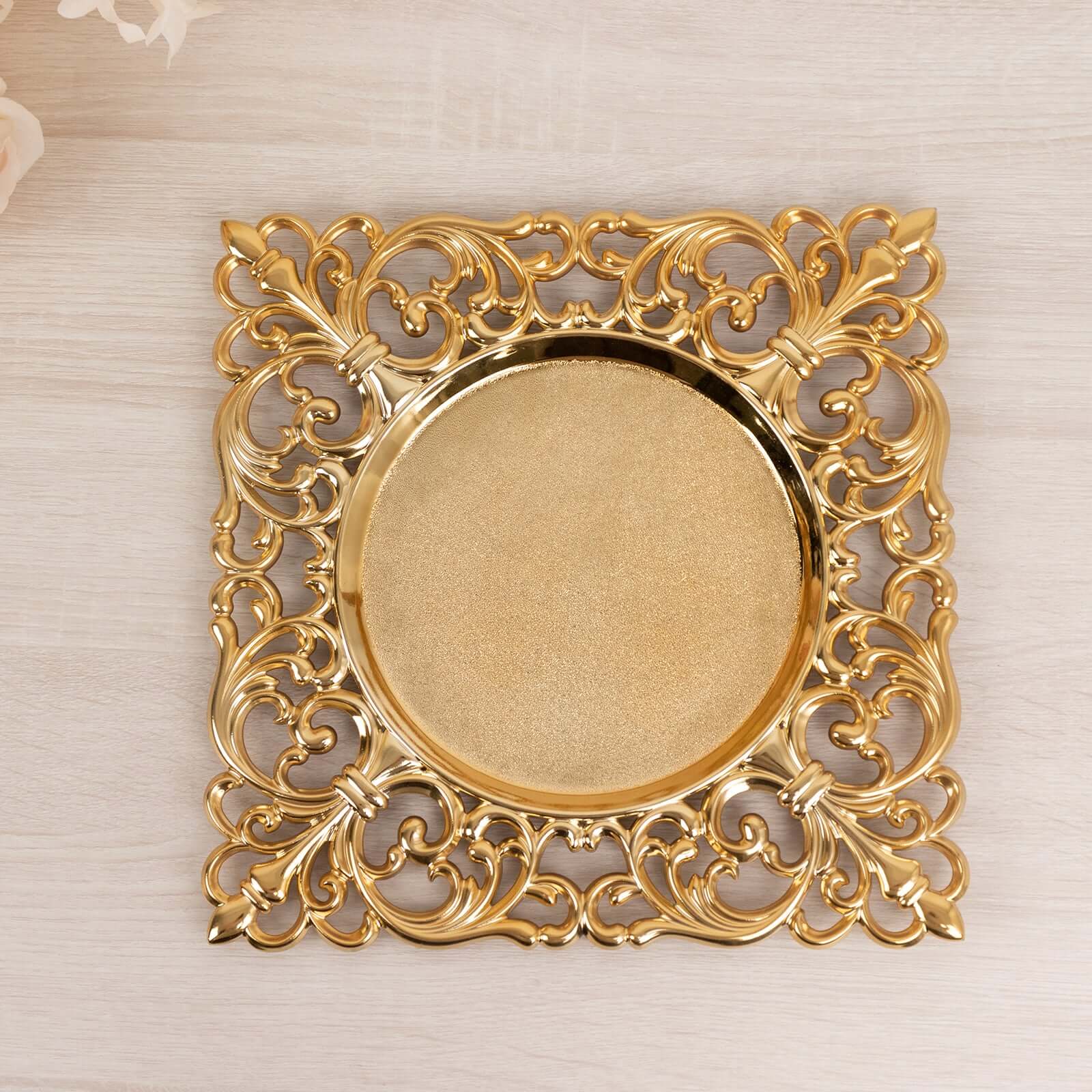 6-Pack Acrylic Square Charger Plates 12" in Gold with Hollow Lace Border, Event Tabletop Decorative Charger Tableware