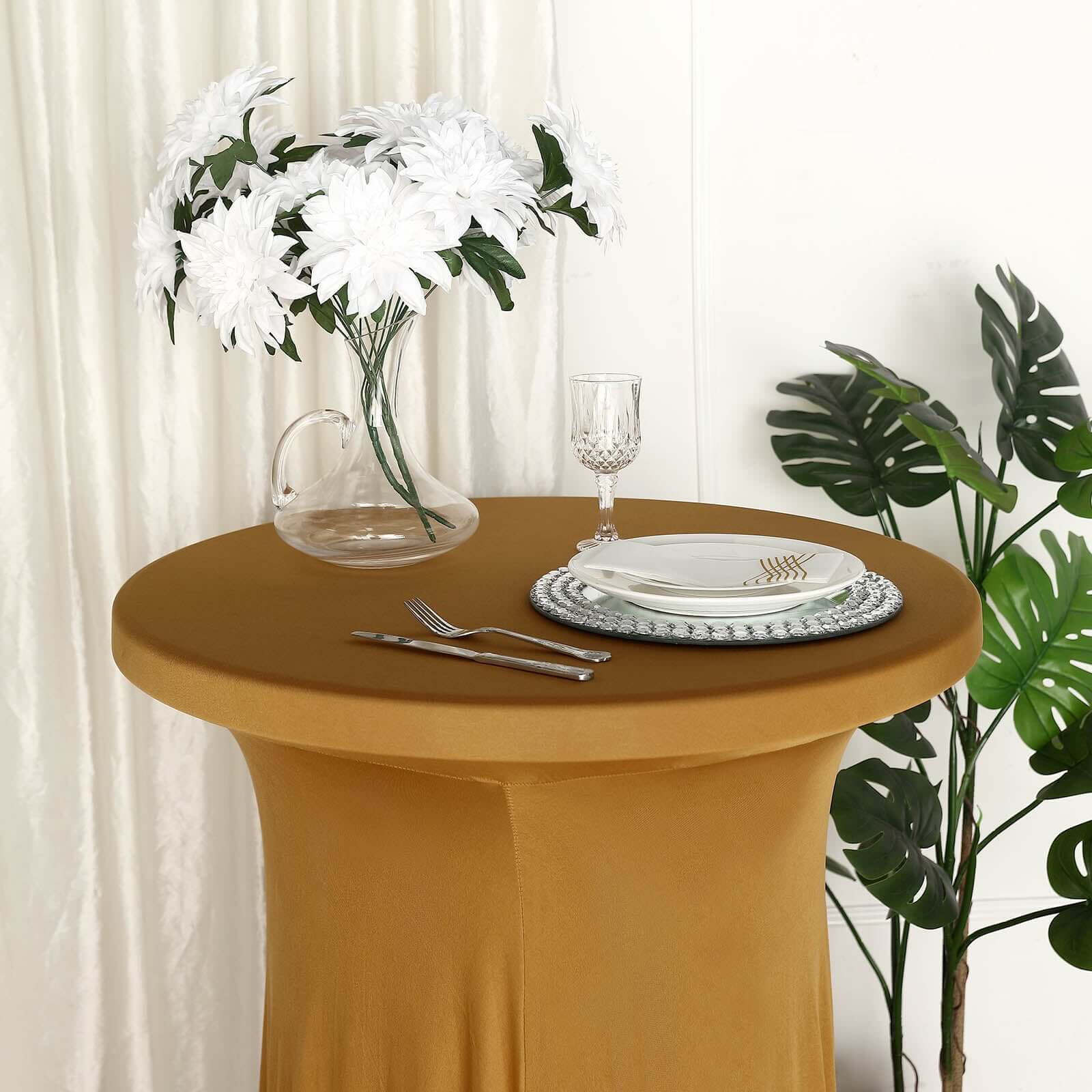 Spandex 32" Round Cocktail Table Cover Skirt Gold With Natural Wavy Drapes - Stylish & Sophisticated Event Decor