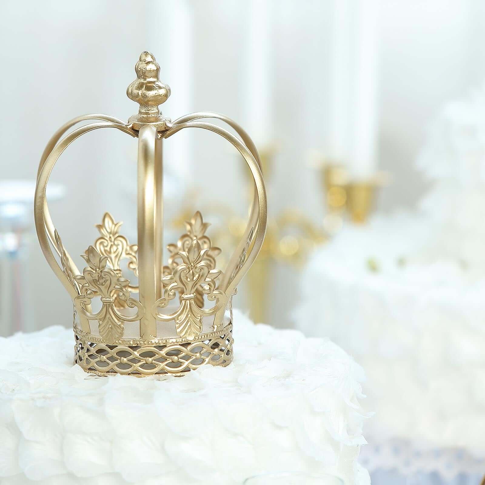 Metal Royal Crown Cake Topper Gold - Stunning Cake Centerpiece Decoration with Intricate Fleur-De-Lis Sides for Glamorous Events & Special Occasions 8"