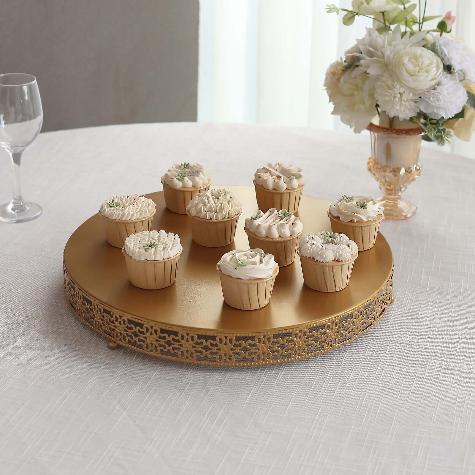 Metal 16" Round Pedestal Cake Stand Gold - Cupcake Dessert Display Centerpiece Stand with Intricate Fleur De Lis Design for Buffet Table Sweets Station