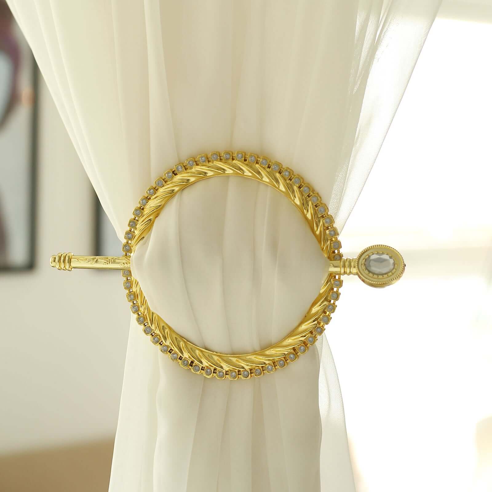 Set of 2 6" Gold Acrylic Braided Barrette Style Curtain Tie Backs With Crystal Diamond Studded Edge, Round Backdrop Drapery Brooch Holdbacks