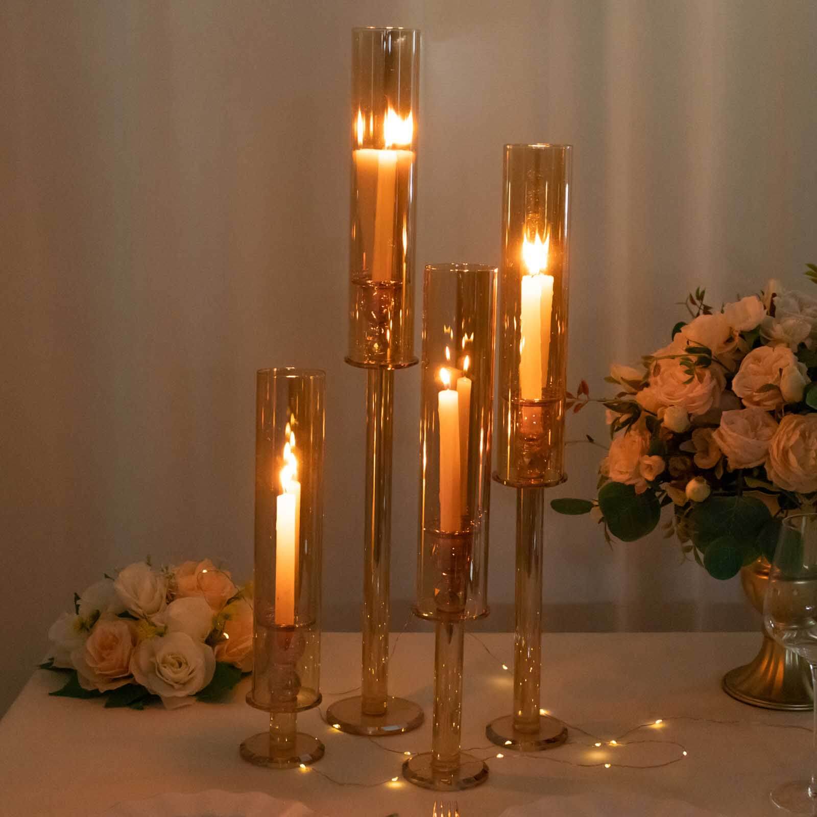 Set of 4 Crystal Glass Hurricane Taper Candle Holders, Decorative Tall Candle Stands Gold Cylinder Chimney Tubes 14", 18", 22", 26"