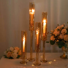 Set of 4 Crystal Glass Hurricane Taper Candle Holders, Decorative Tall Candle Stands Gold Cylinder Chimney Tubes 14", 18", 22", 26"