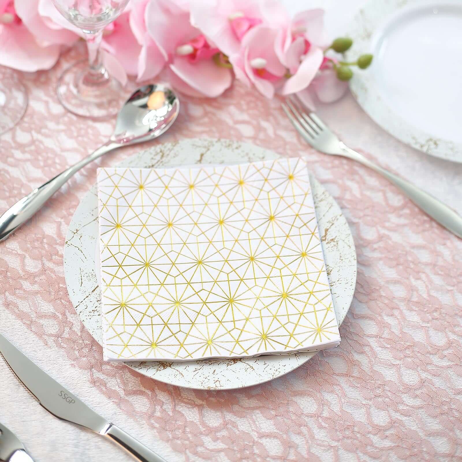 20-Pack Paper Dinner Napkins with Geometric Design Metallic Gold - Disposable 3 Ply Cocktail Napkins for Weddings