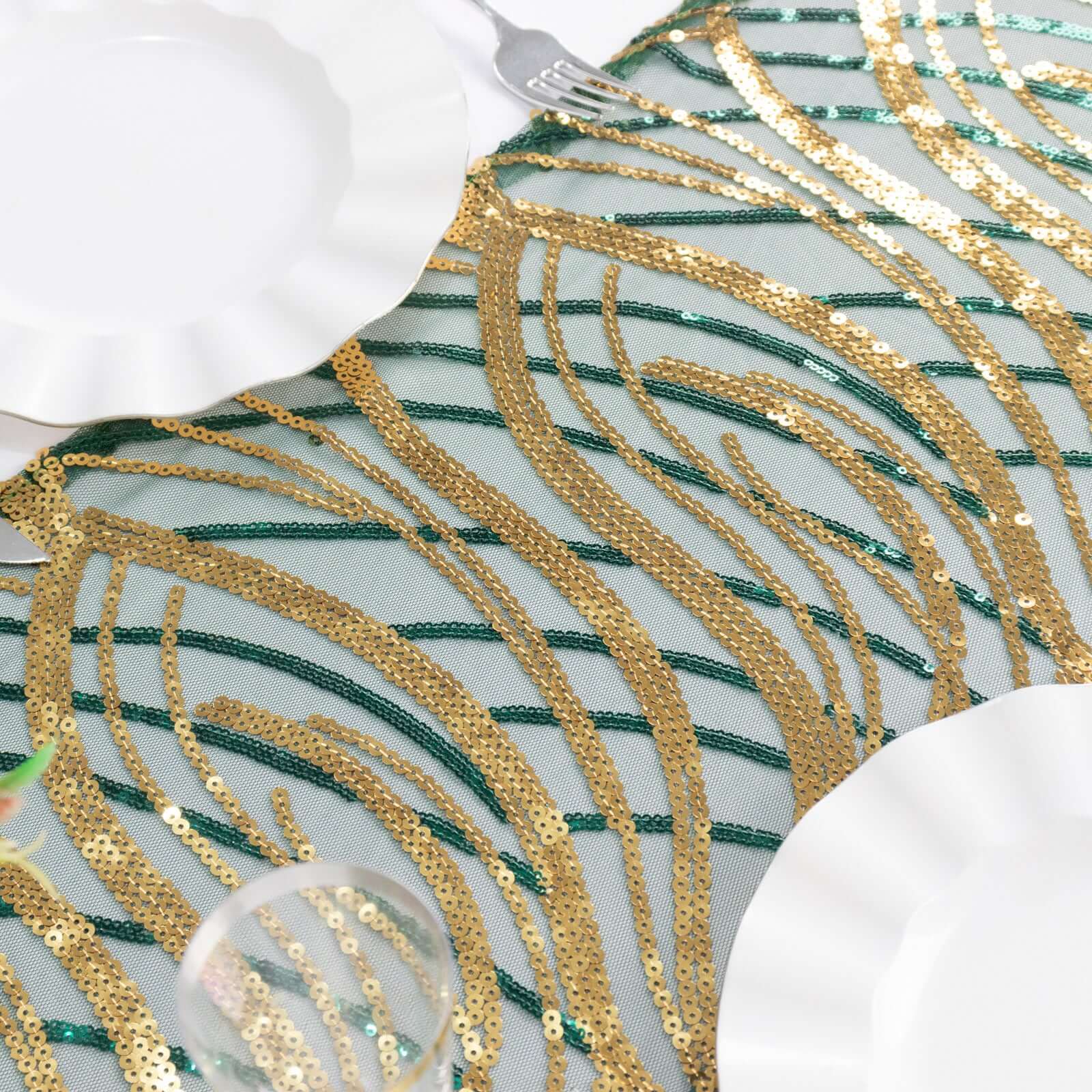 Sequin Mesh 12"x108" Table Runner Hunter Emerald Green Stylish Wave Embroidery