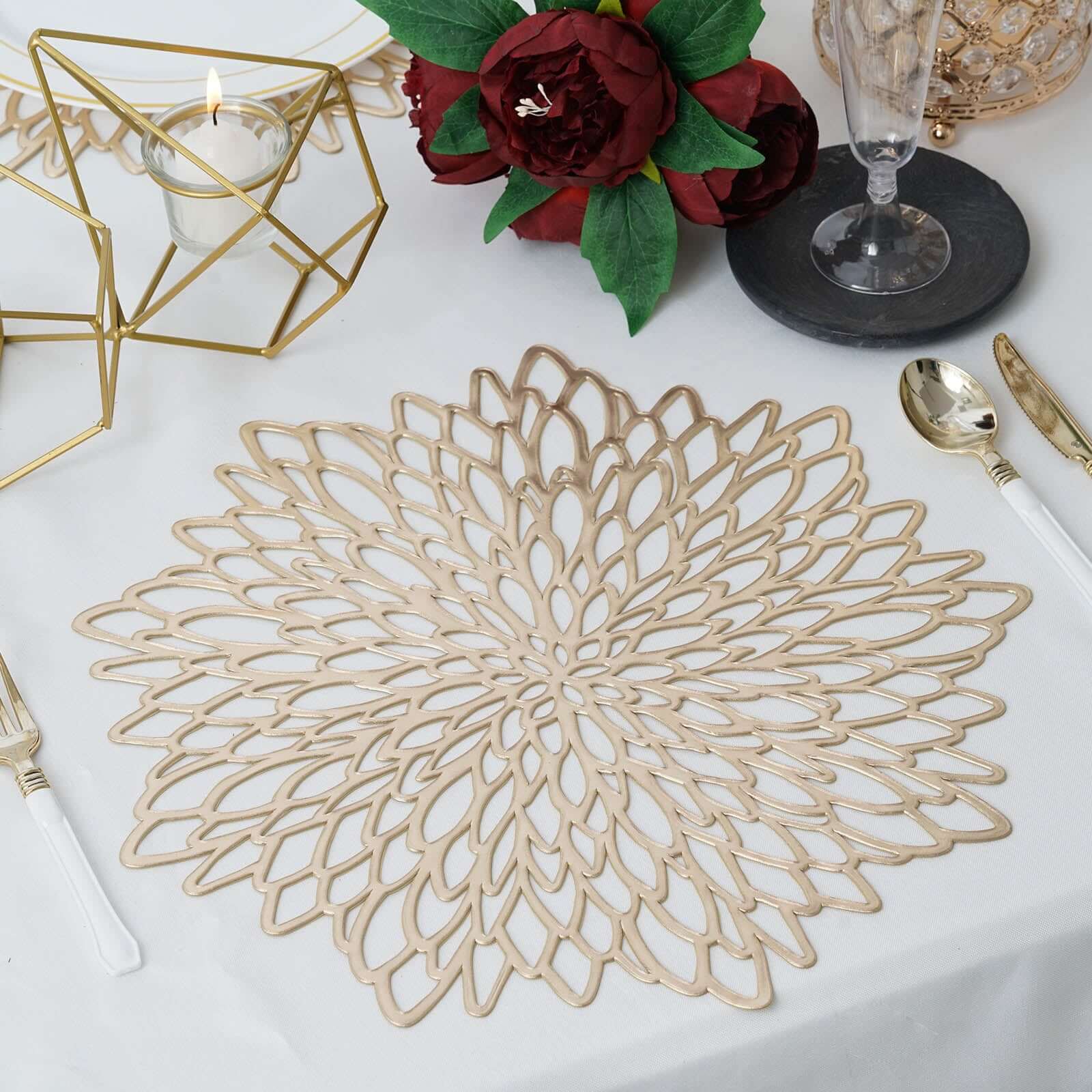 6-Pack Dining Table Mats Floral Design Gold - Metallic Vinyl Round Non-Slip Mats for Tables 15"
