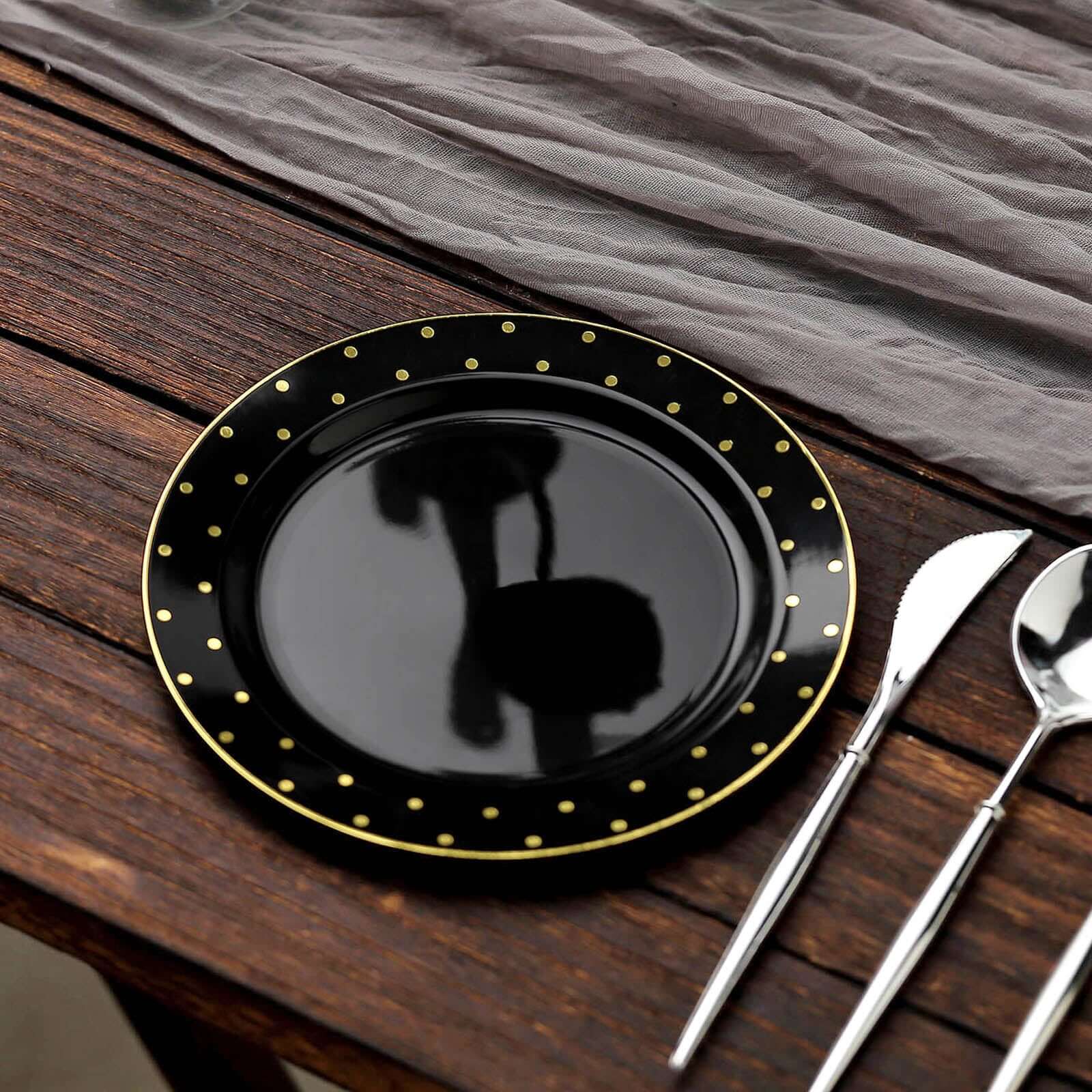 10 Pack 7.5" Black With Gold Dot Rim Plastic Dessert Plates, Round Salad Disposable Tableware Plates