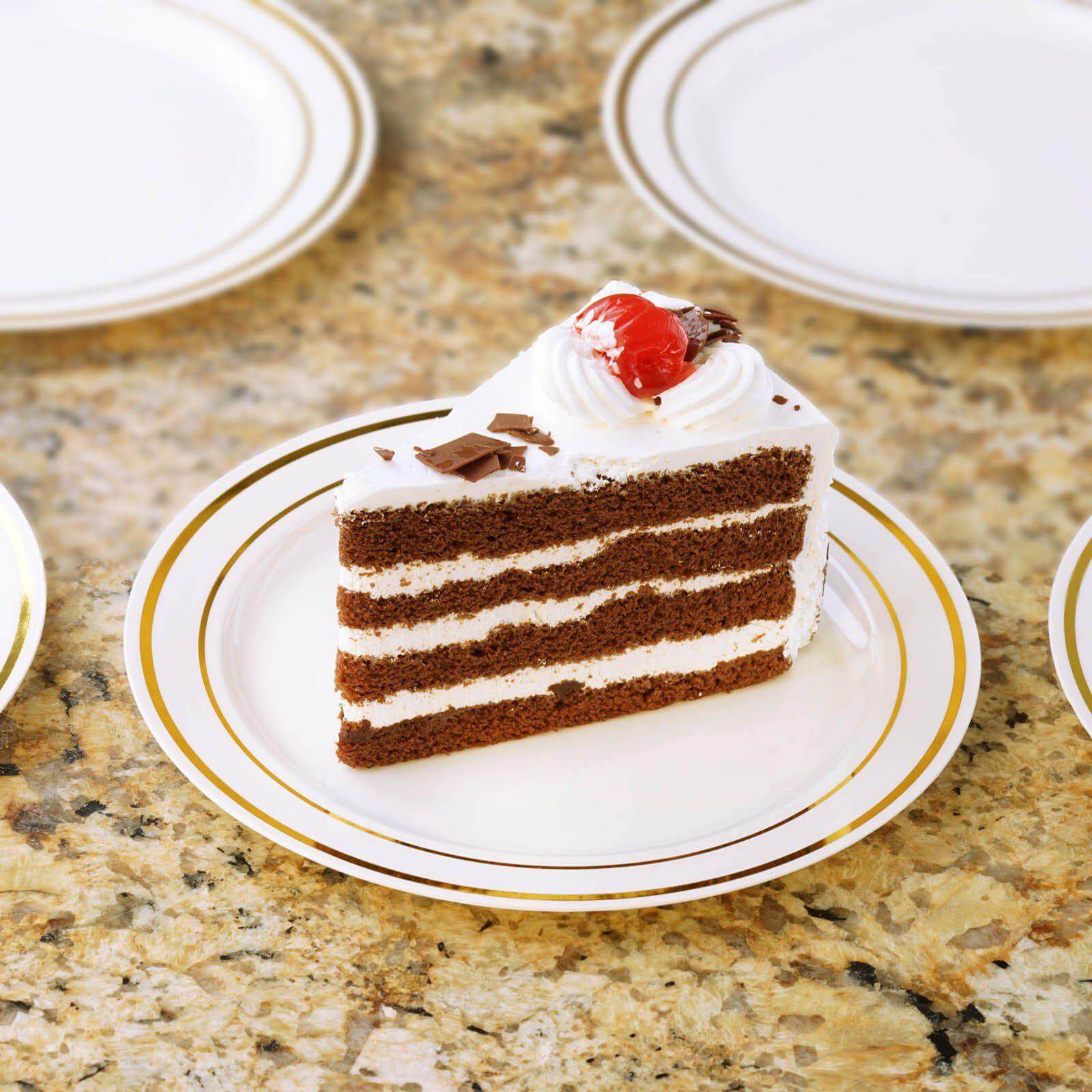 10-Pack Plastic Dessert Plates White with Très Chic Gold Rim - Disposable Plates for Appetizers 6"