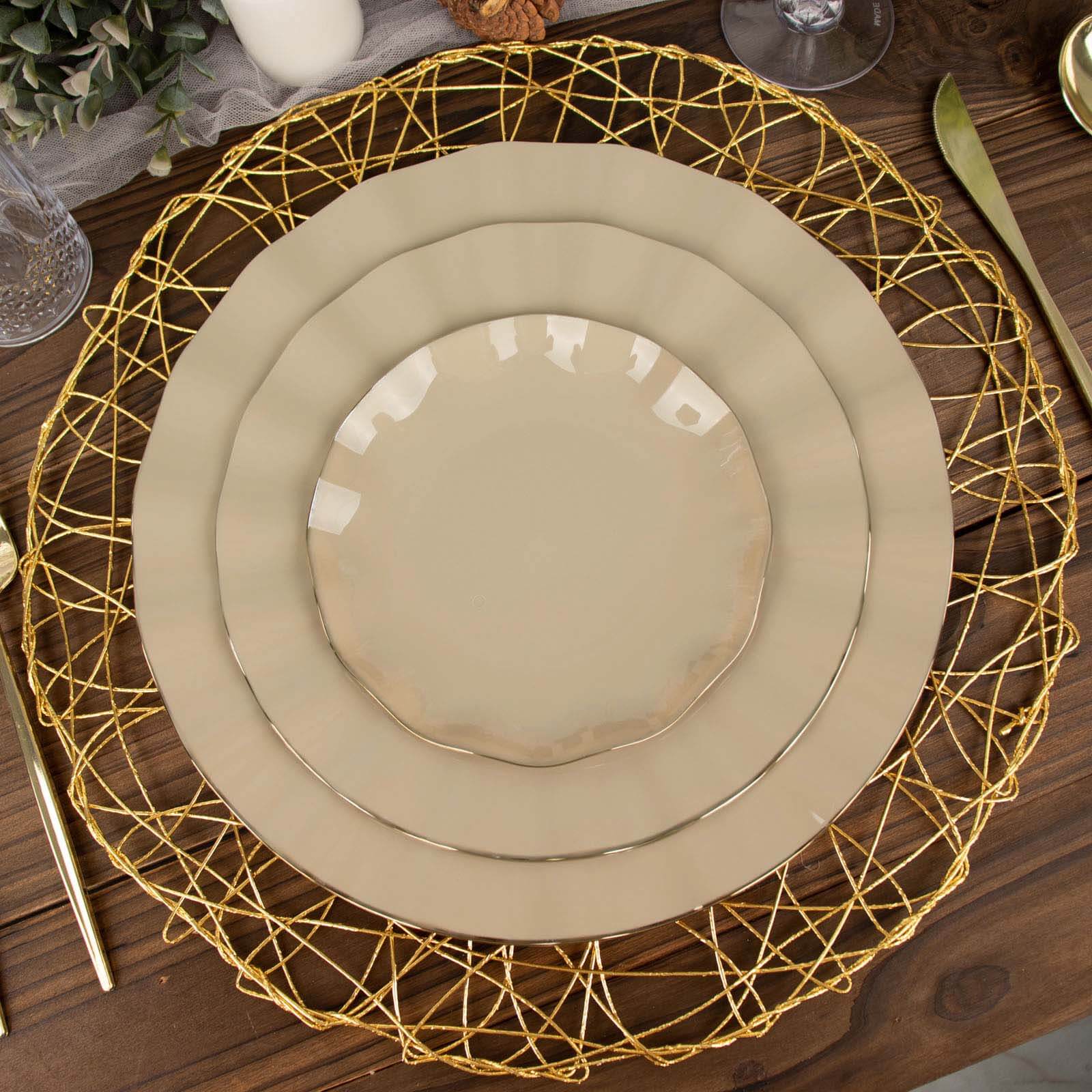 10-Pack Plastic Round 6" Dessert Plates in Taupe Ruffled Rim with Gold Edging - Sturdy Disposable Salad Appetizer Dinnerware