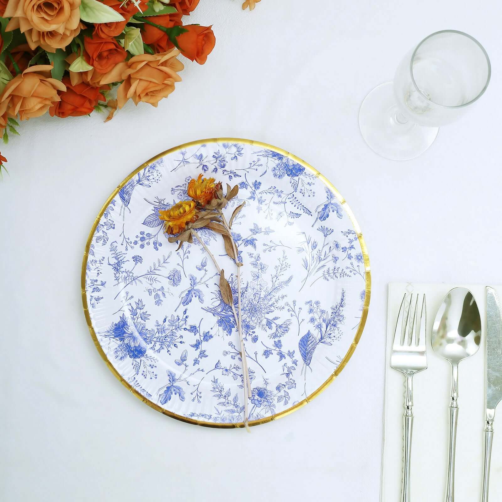 25-Pack Paper 9" Round Dinner Plates in White with Light Blue French Toile Pattern & Gold Rim - Disposable Party Plates for Picnics & Chic Brunches