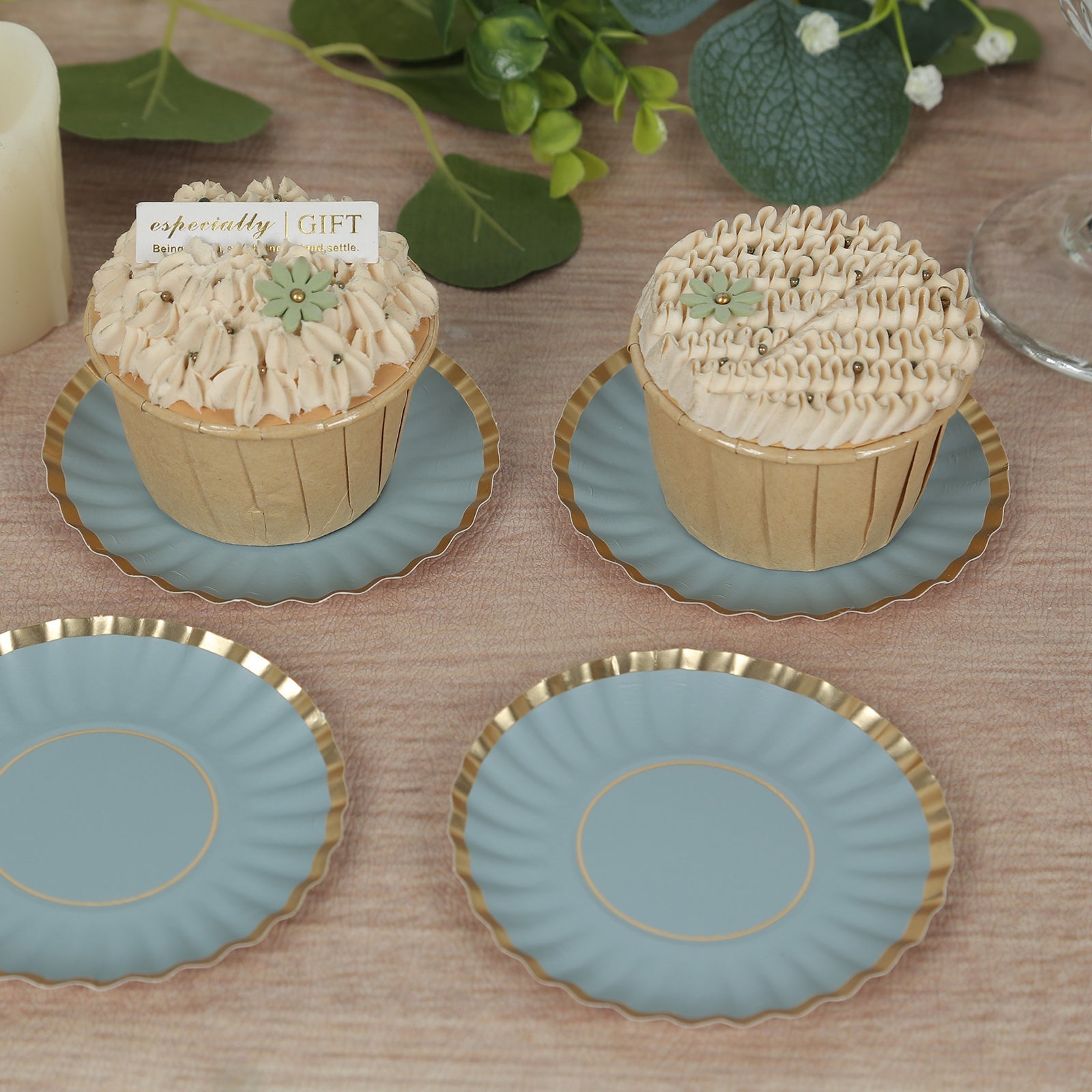50-Pack Paper 3.5" Round Party Plates in Dusty Blue with Gold Scalloped Rim - Disposable Mini 250GSM Dessert Plates for Tapas, Appetizers & Finger Foods