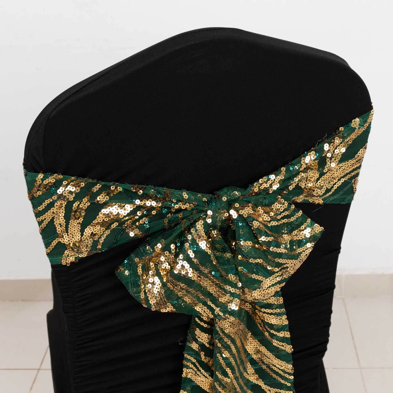 5 Pack Chair Sashes with Wave Embroidered Sequins Hunter Emerald Green/Gold 6"x88"
