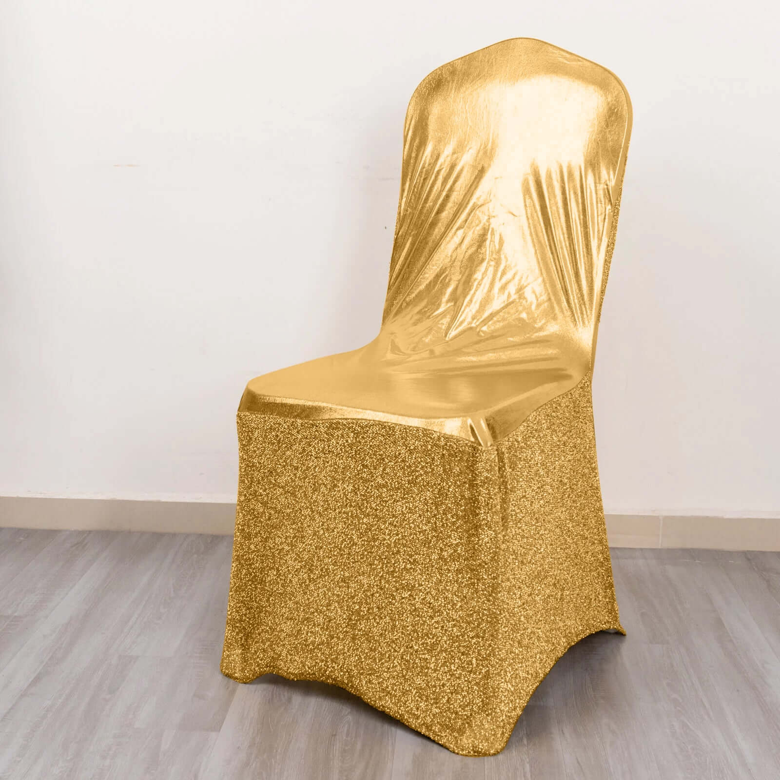 Spandex Banquet Chair Cover Metallic Gold Tinsel with Sash and Rhinestone Buckle - Luxe Shimmering Fitted Slipcover for Events