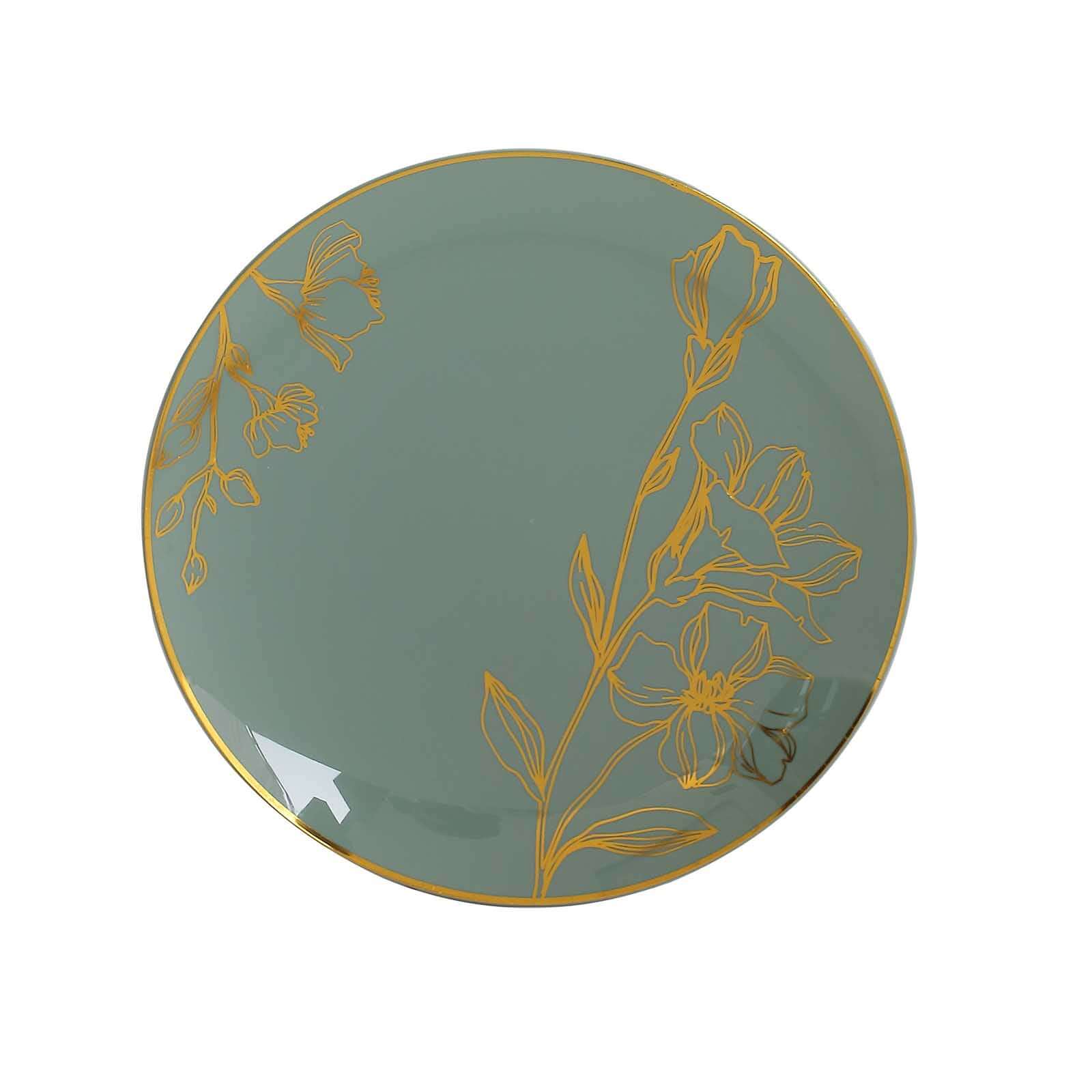 Set of 20 Plastic Round Dinner and Dessert Plates in Dusty Sage Green with Metallic Gold Floral Design - Stylish Disposable Dinnerware 8", 10"