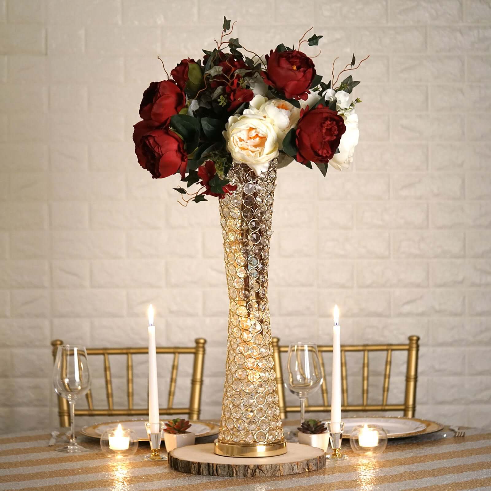 Metal Hurricane Floral Vase Centerpiece Metallic Gold with Crystal Beaded Design - Table Decorative Stand 24"