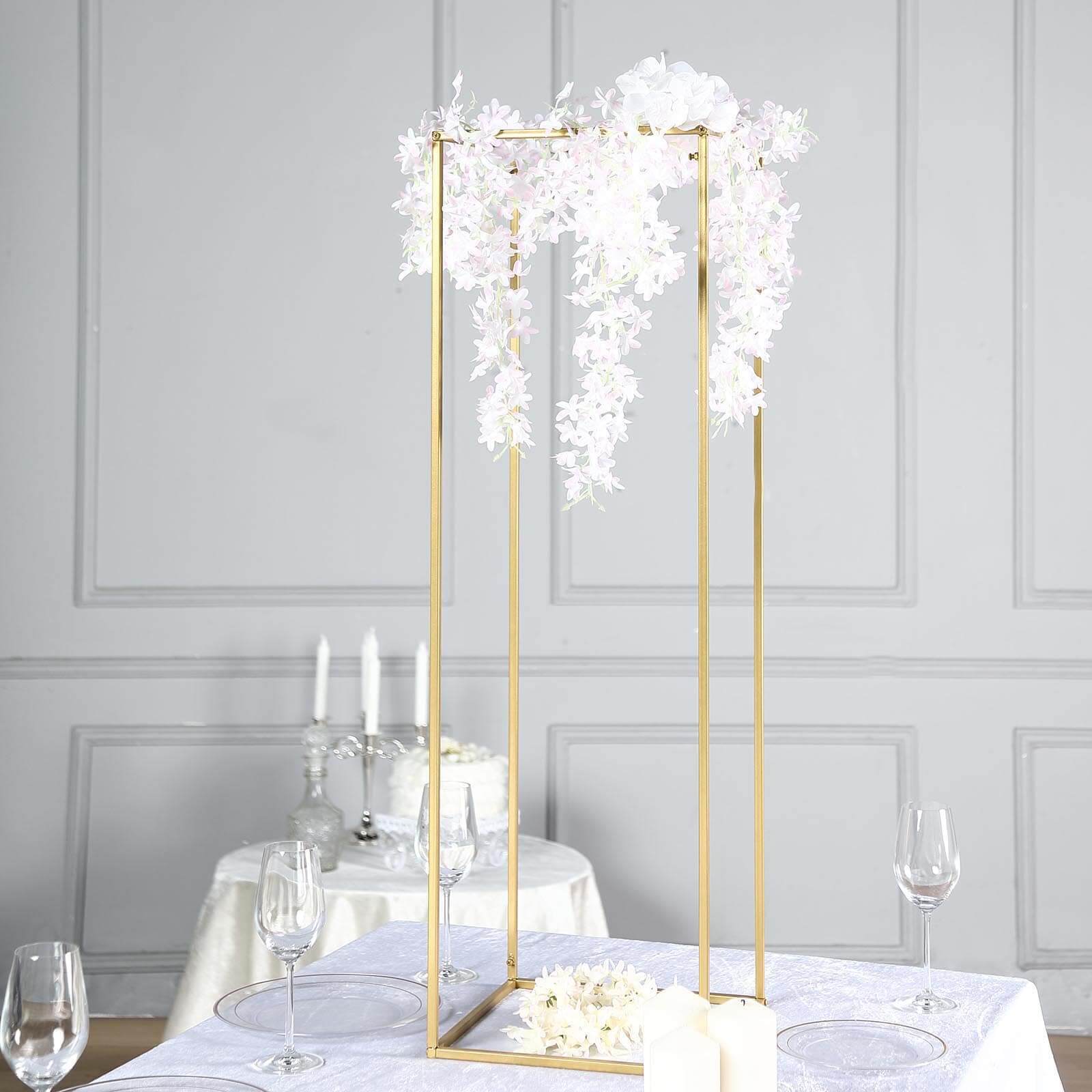 2-Pack Wedding Flower Stand Gold Metal Geometric Column Frame Rectangular - Versatile Floral Pedestal for Sophisticated Arrangements 40"