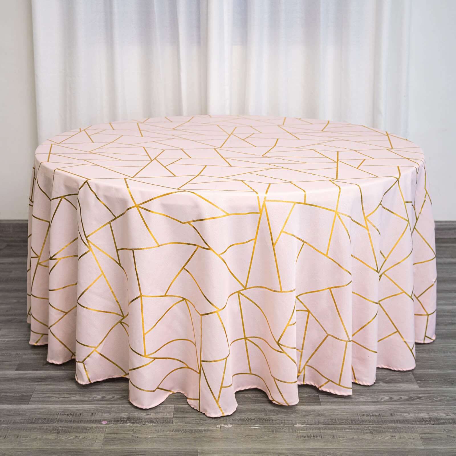 Polyester 120" Round Tablecloth Blush with Gold Foil Geometric Pattern Wrinkle-Resistant Seamless Table Cover