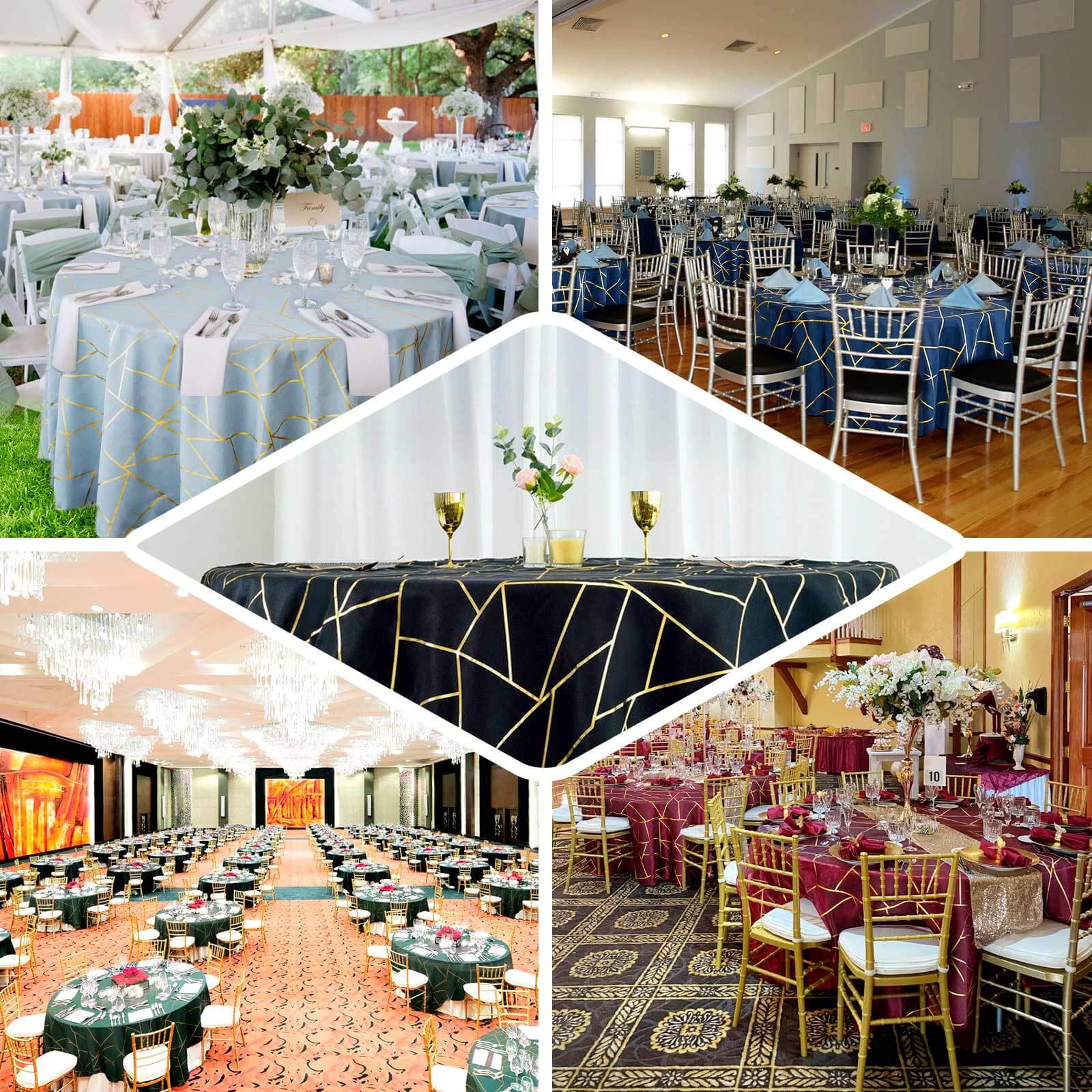 120" Peacock Teal Seamless Round Polyester Tablecloth With Gold Foil Geometric Pattern for 5 Foot Table With Floor-Length Drop