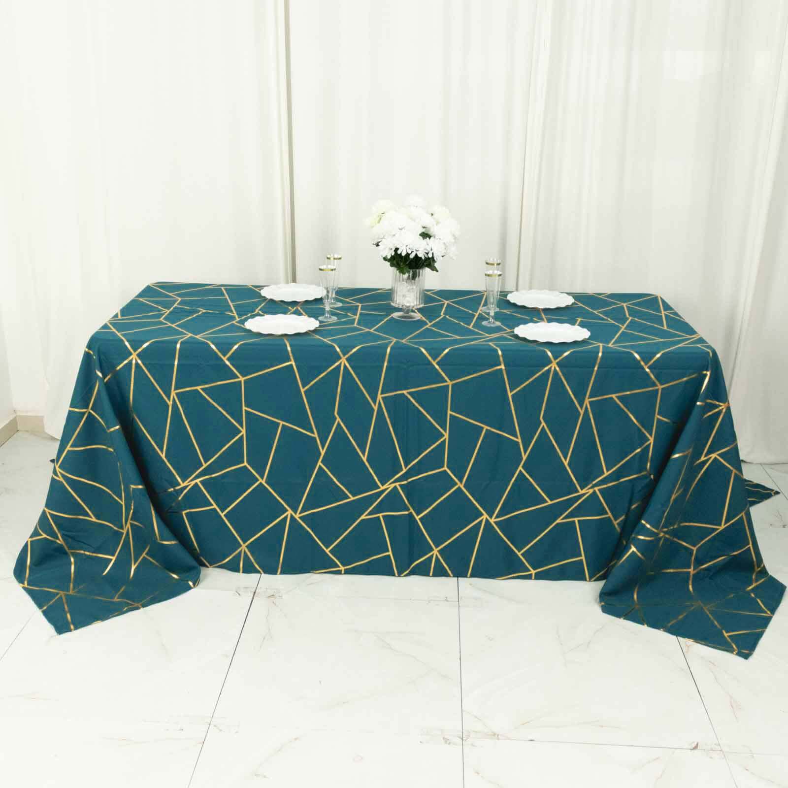 90"x132" Peacock Teal Seamless Rectangle Polyester Tablecloth With Gold Foil Geometric Pattern for 6 Foot Table With Floor-Length Drop