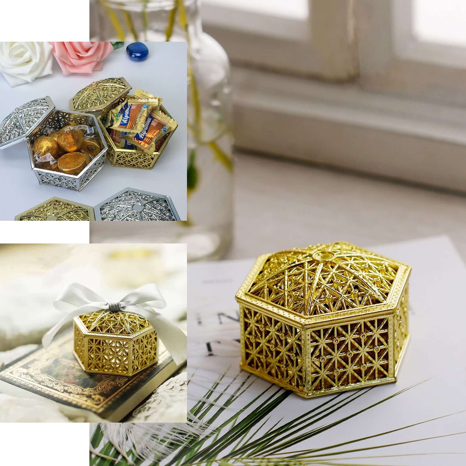 12-Pack Vintage Hexagon Gift Box Candy Containers Gold - Stylish Hollow Favor Boxes for Jewelry 3"