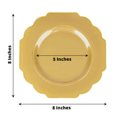 10-Pack Plastic Dessert Appetizer Plates in Gold Baroque Design with Scalloped Gold Rim - Heavy Duty Disposable Salad Plates 8"