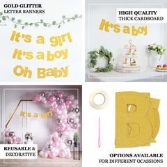 3ft Gold Glittered It's a Girl Paper Hanging Gender Reveal Garland Banner, Baby Shower Banner