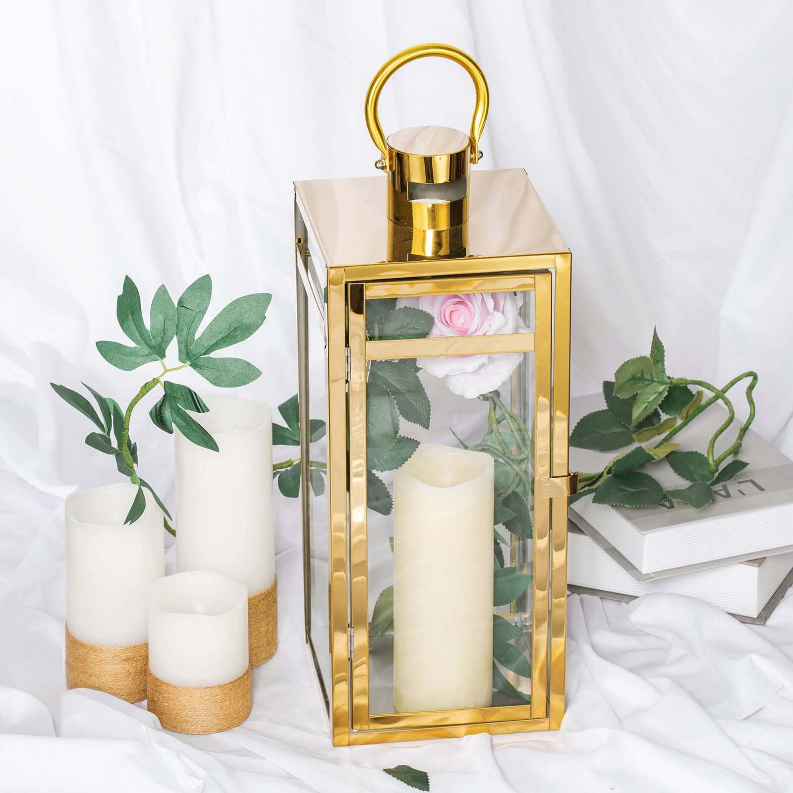Stainless Steel Candle Lantern Vintage Top Design Gold - Outdoor Metal Patio Lantern Centerpiece 17"