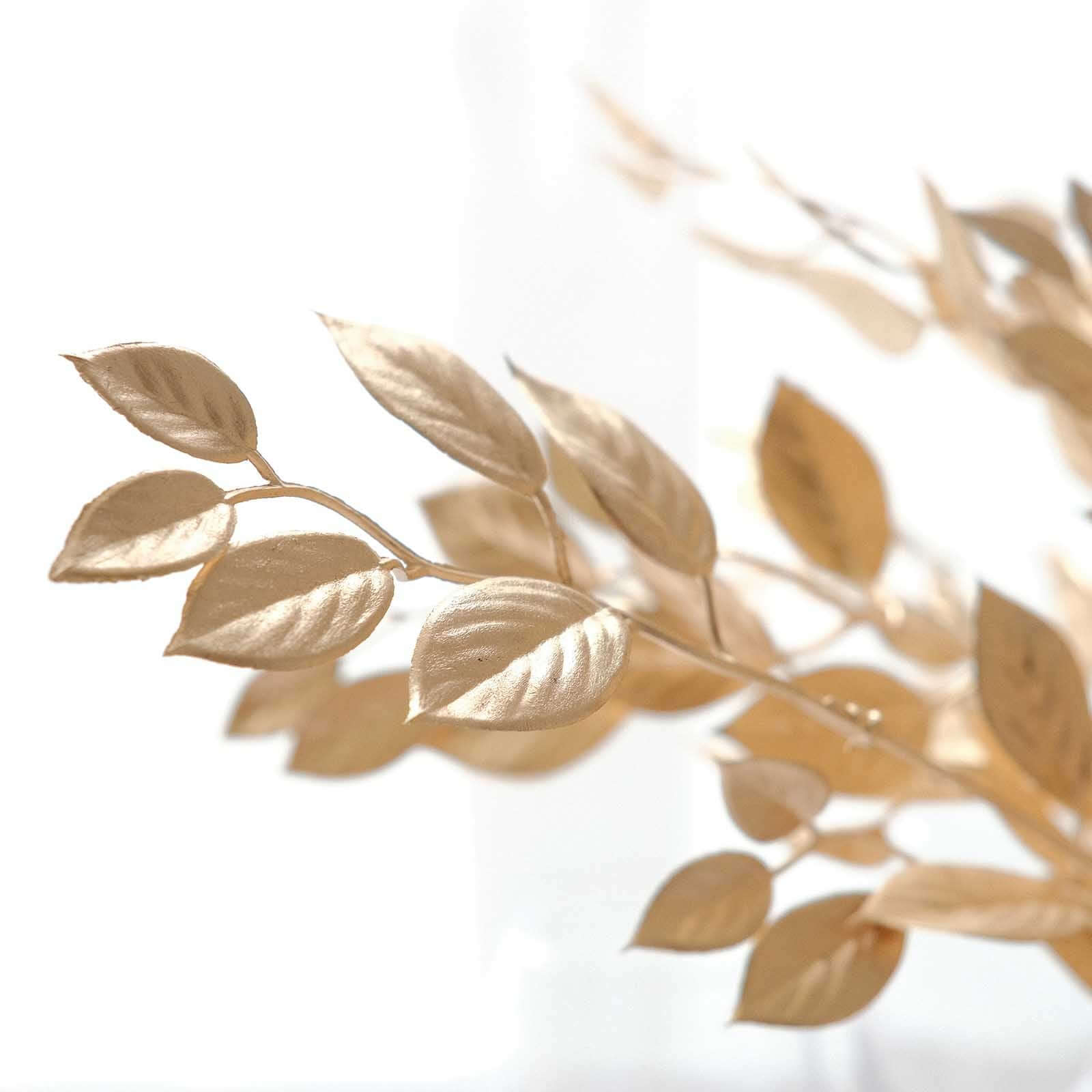 4-Pack Artificial Italian Ruscus Leaves Branches Metallic Gold - Flexible Faux Spray Plant Stem Vase Fillers for Exquisite Tablescapes & Floral Displays 14"