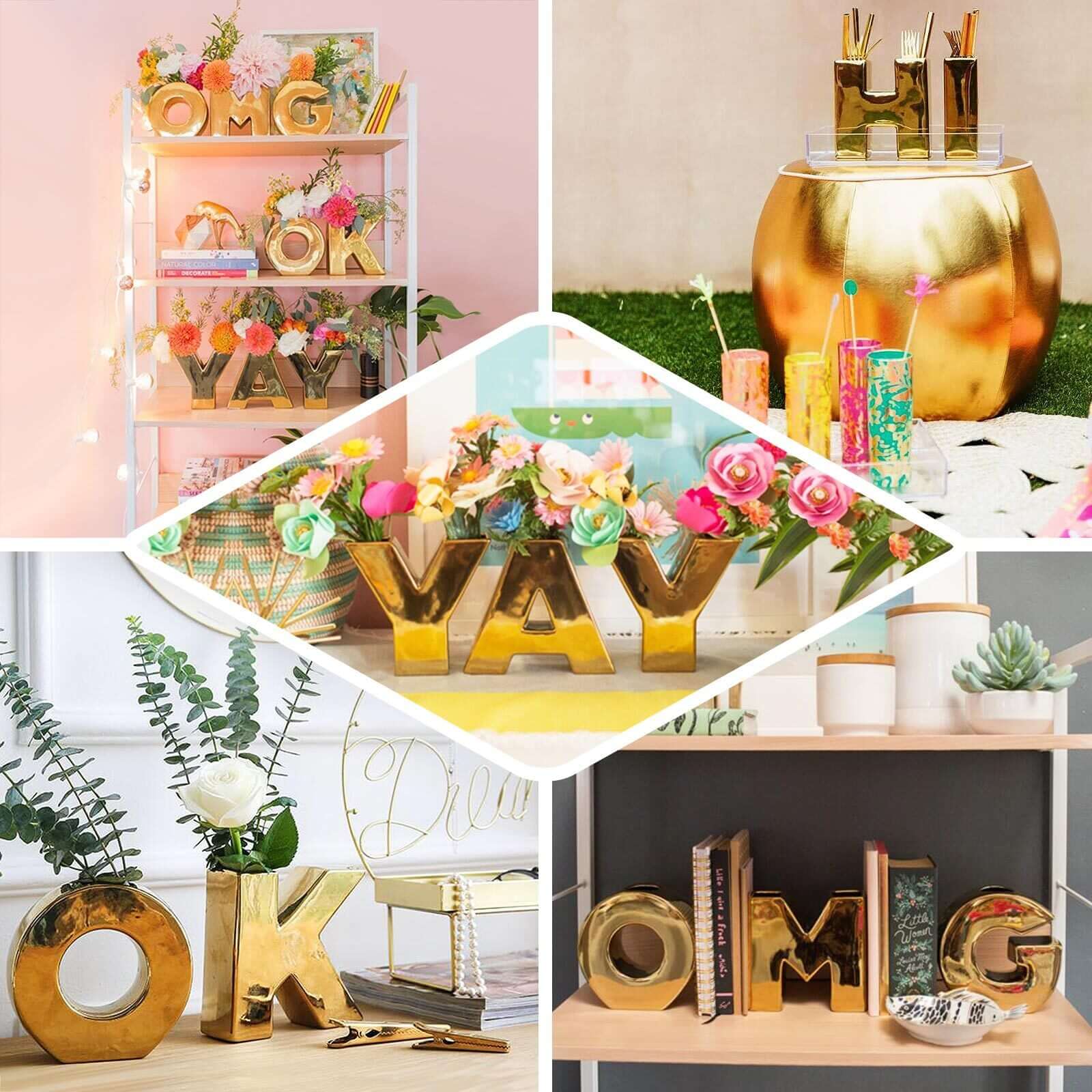 Shiny Ceramic Vase Symbol "&" Gold Plated - Chic Bud Planter Pot for Events & Decor 6"