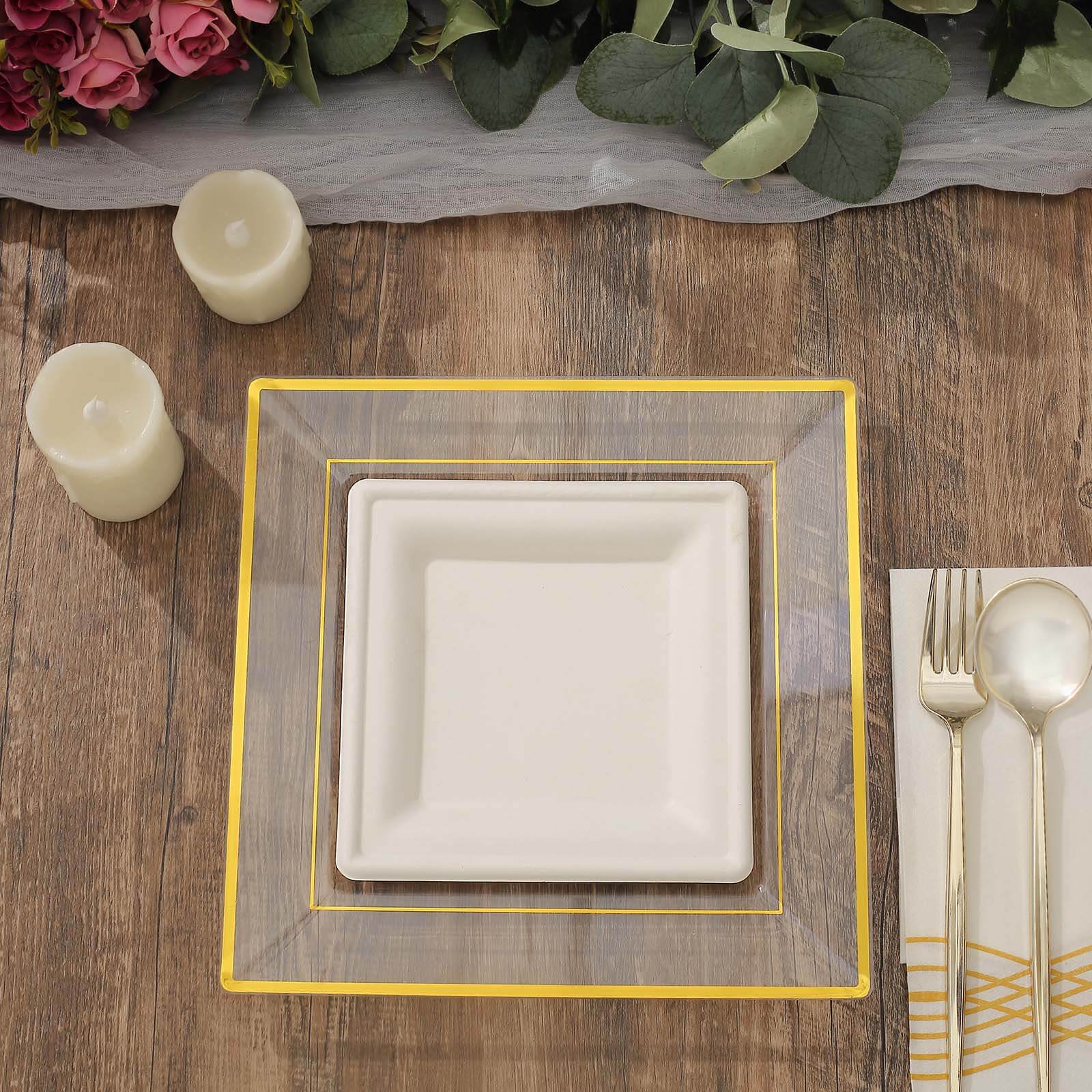 10 Pack 10" Gold Trim Clear Square Disposable Dinner Plates, Plastic Party Plates