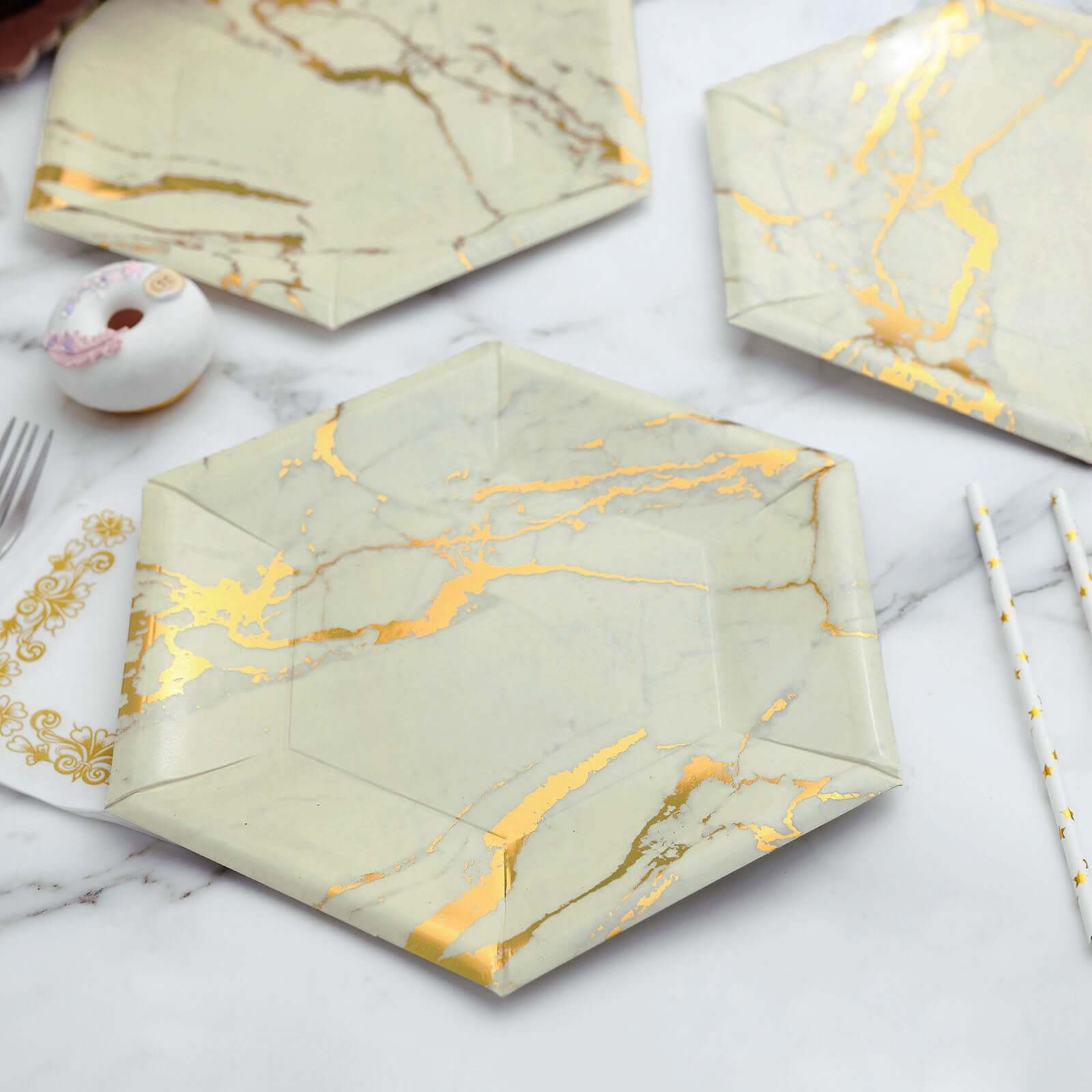 25 Pack Ivory Marble 12" Serving Dinner Paper Plates, Disposable Hexagon Geometric Shaped Plates With Gold Foil Marble Design - 400 GSM