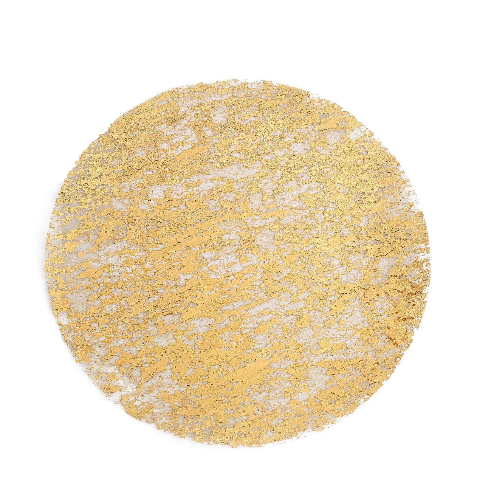 10-Pack Table Placemats Foil Design Metallic Gold Round - Mesh Disposable Shiny Dining Mats 13"