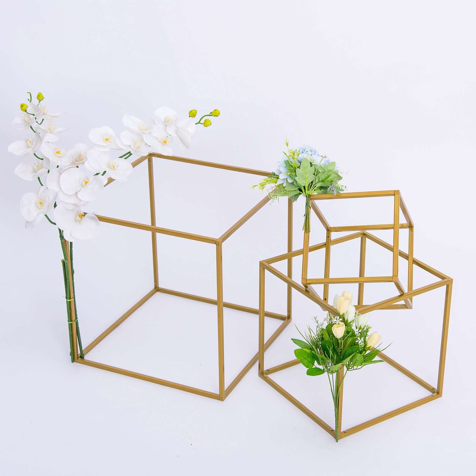 2 Pack 20" Square Gold Metal Frame Wedding Flower Stands, Geometric Centerpieces