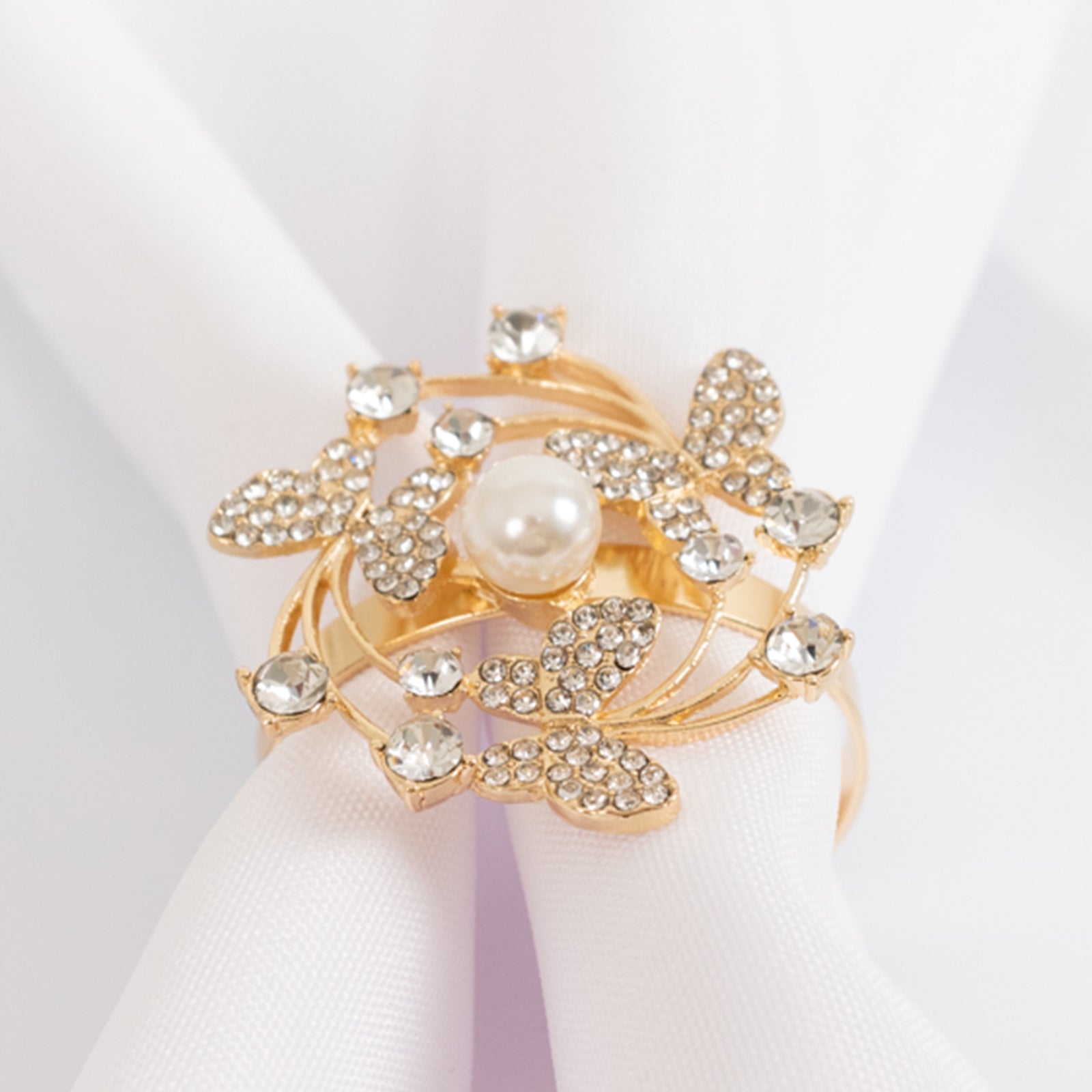 4 Pack Gold Metal Butterfly Napkin Rings with Pearl and Rhinestone Accents, Elegant Table Decoration for Weddings, Events, and Parties