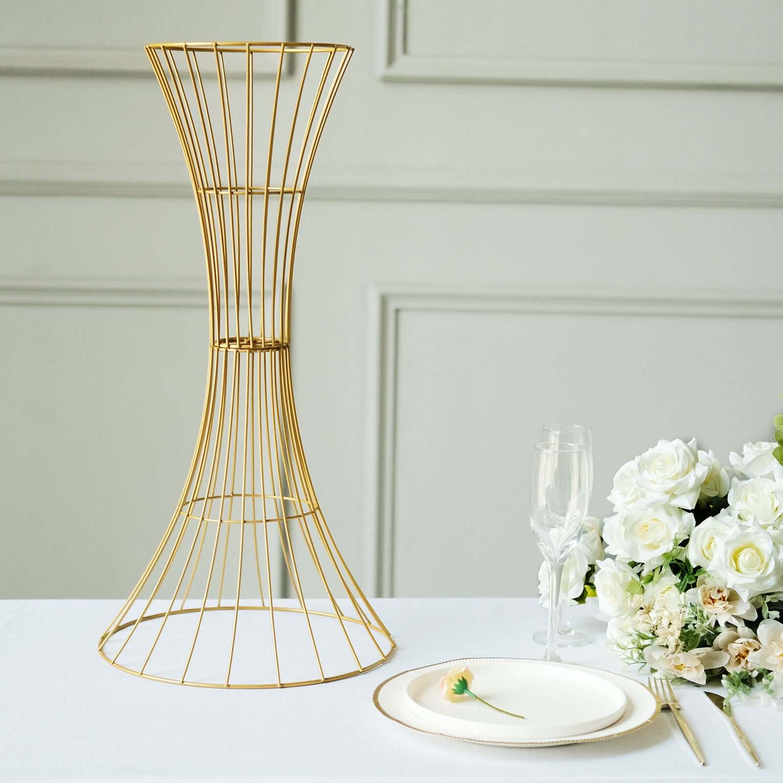 Metal Centerpiece Stand Gold Hourglass Trumpet Shape Design - Flower Open Frame Reversible Pedestal 24"