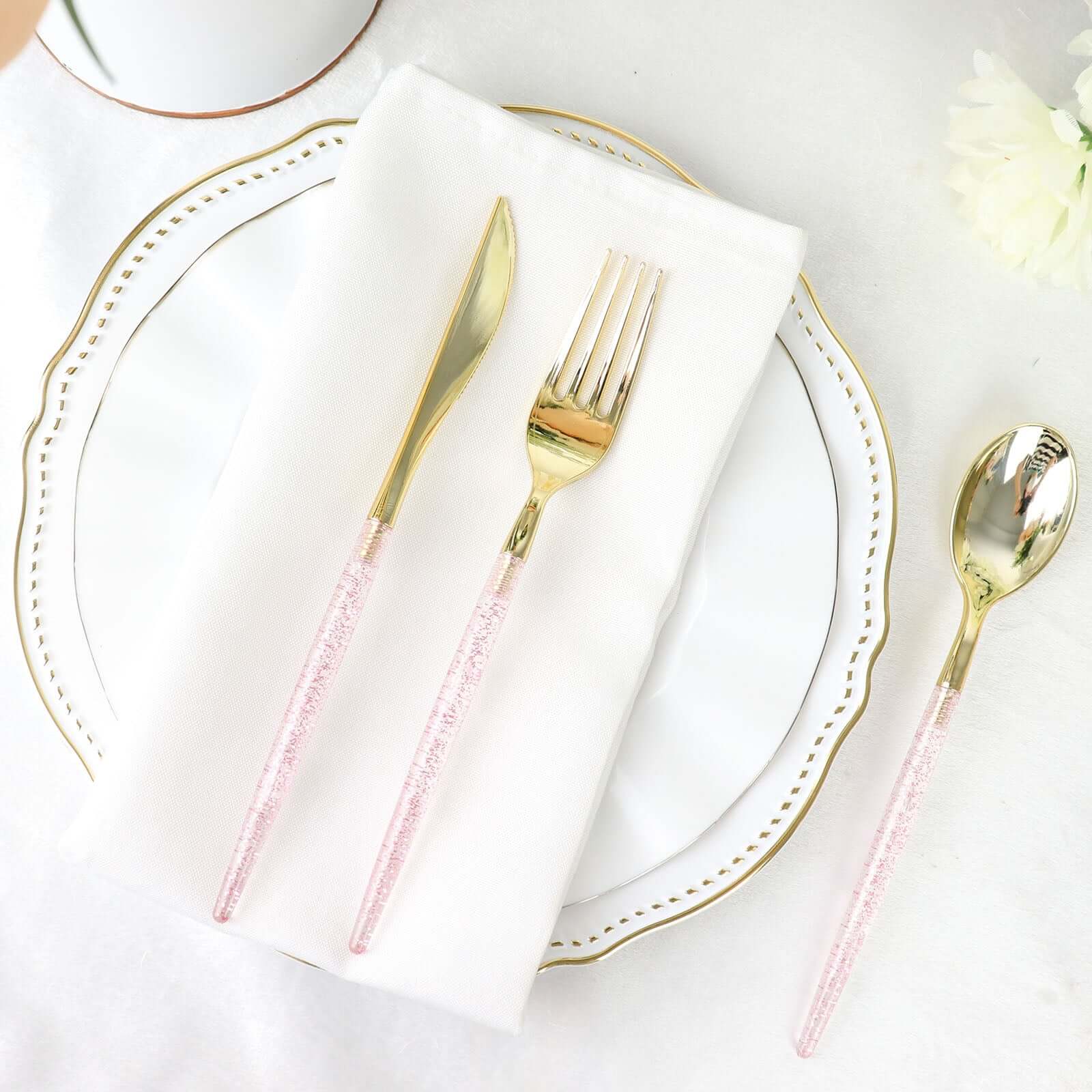 24-Pack Plastic Cutlery Set Metallic Gold with Rose Gold Glitter - Stylish Disposable Silverware-Pack 8"