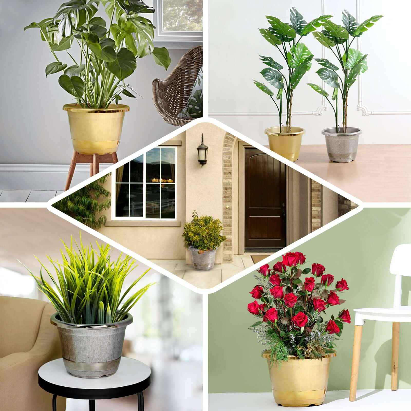 14" Gold Shiny Finished Rim Large Barrel Planter Pot, Indoor Outdoor Decorative Flower Pot