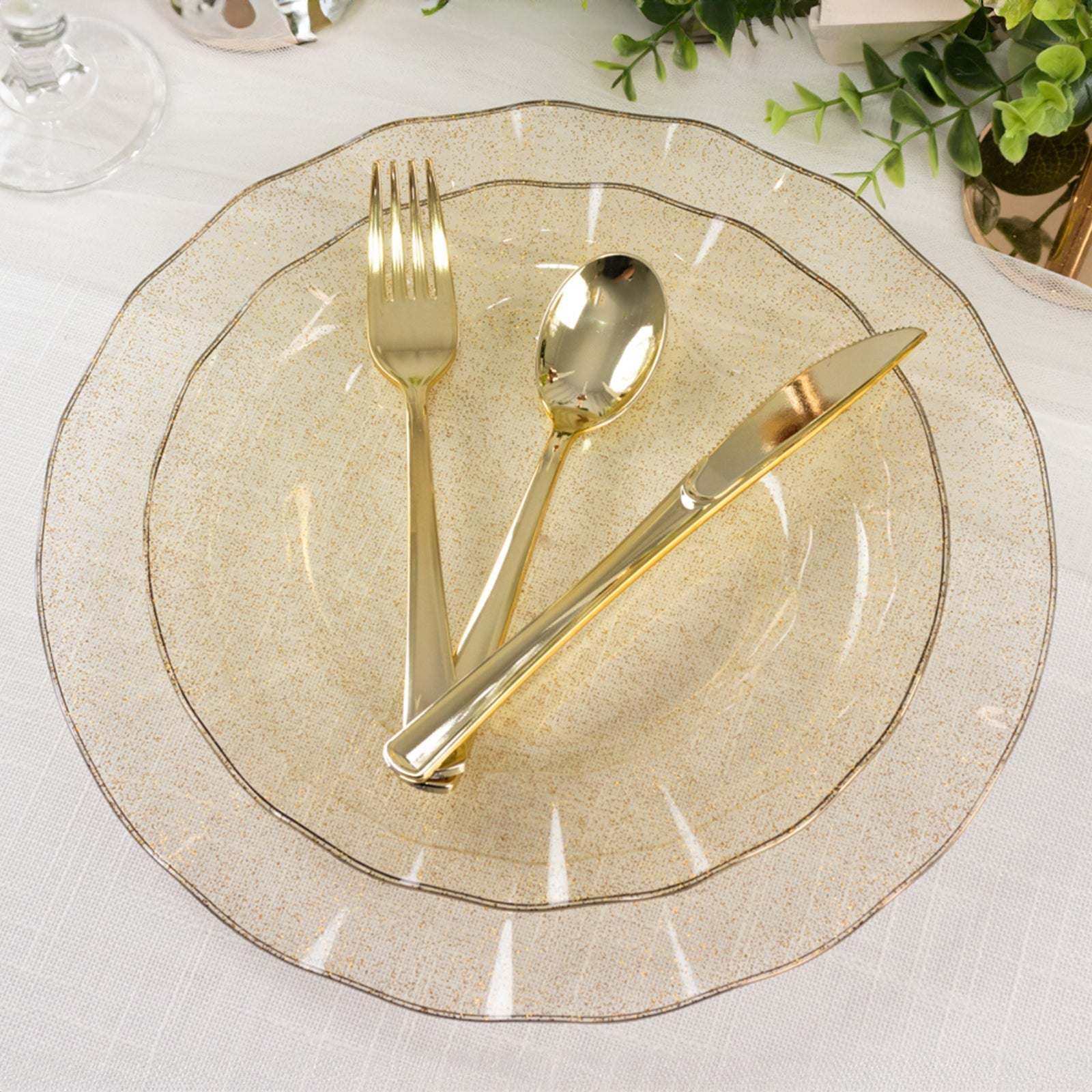10-Pack Plastic 9" Round Dinner Plates in Gold Glitter with Ruffled Rim - Sturdy Disposable Dinnerware
