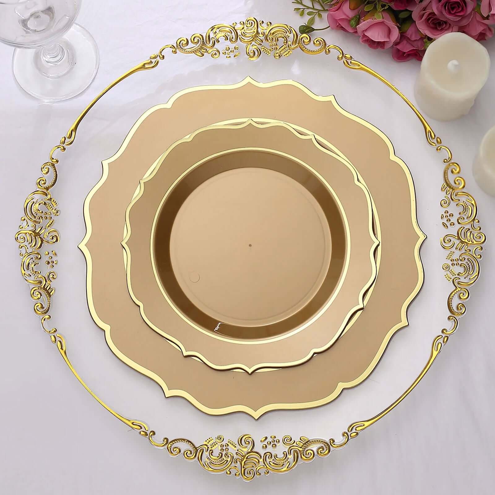 10-Pack Plastic 8" Round Desert Plates in Gold with Gold Scalloped Rim - Disposable Appetizer/Salad Plates